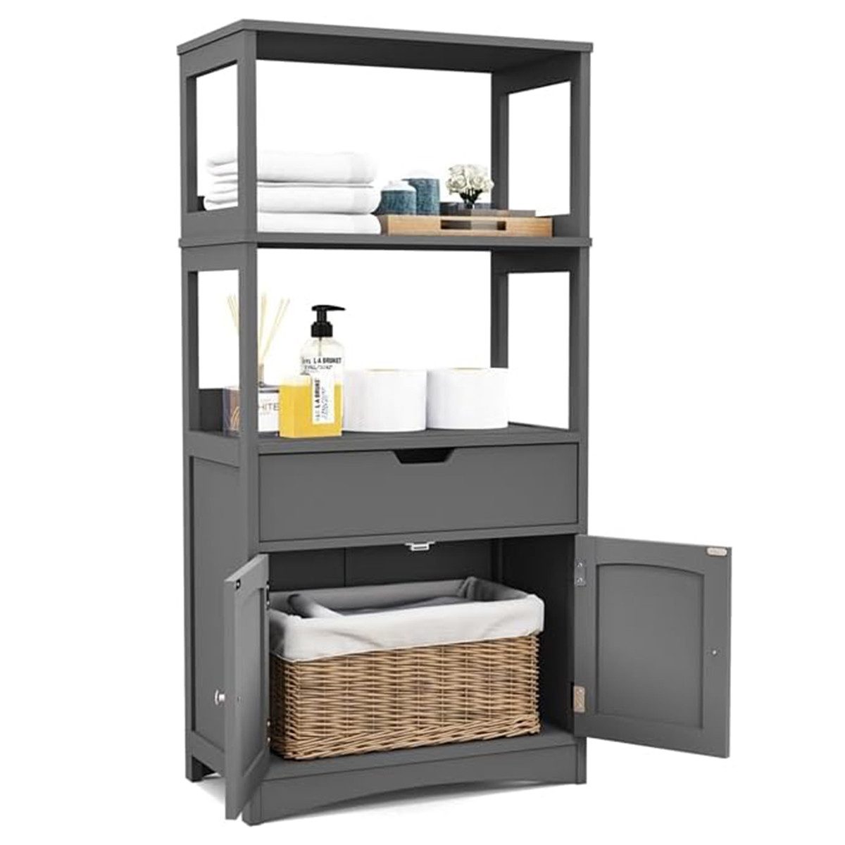 COSTWAY Mehrzweckschrank Bücherschrank mit Türen & 3 Regalen & Schublade