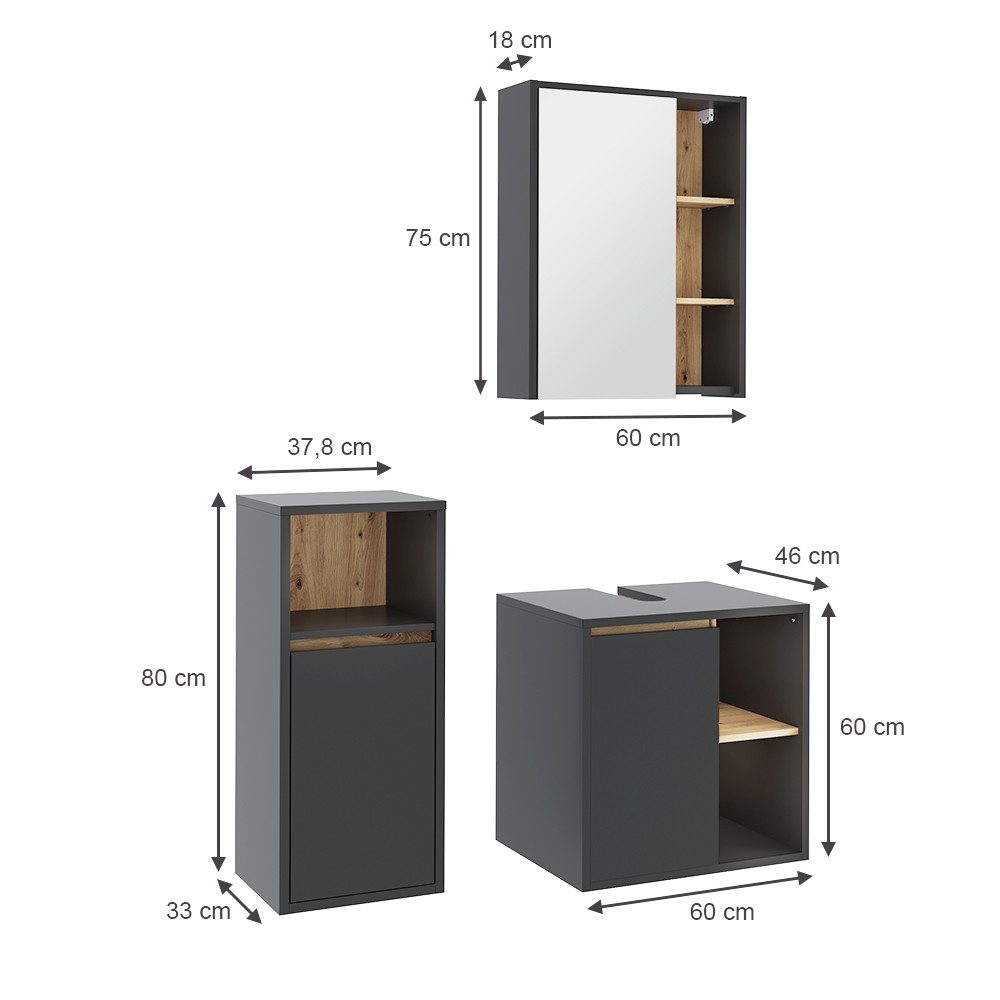 Vicco Badmöbel-Set Viola, Grau/Artisan, 3 Teile, günstig online kaufen