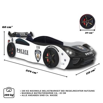 Aileenstore Autobett Police (inkl. Sportsitze, Lattenrost, Heckspoiler und LED Licht), Kinderbett 90 x 200 cm, Spielbett als Polizeiauto Rennwagenbett