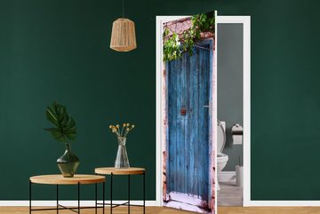 MuchoWow Türtapete Vintage - Tür - Haus - Blau - Baum, Matt, bedruckt, (1 St), Fototapete für Tür, Türaufkleber, 75x205 cm