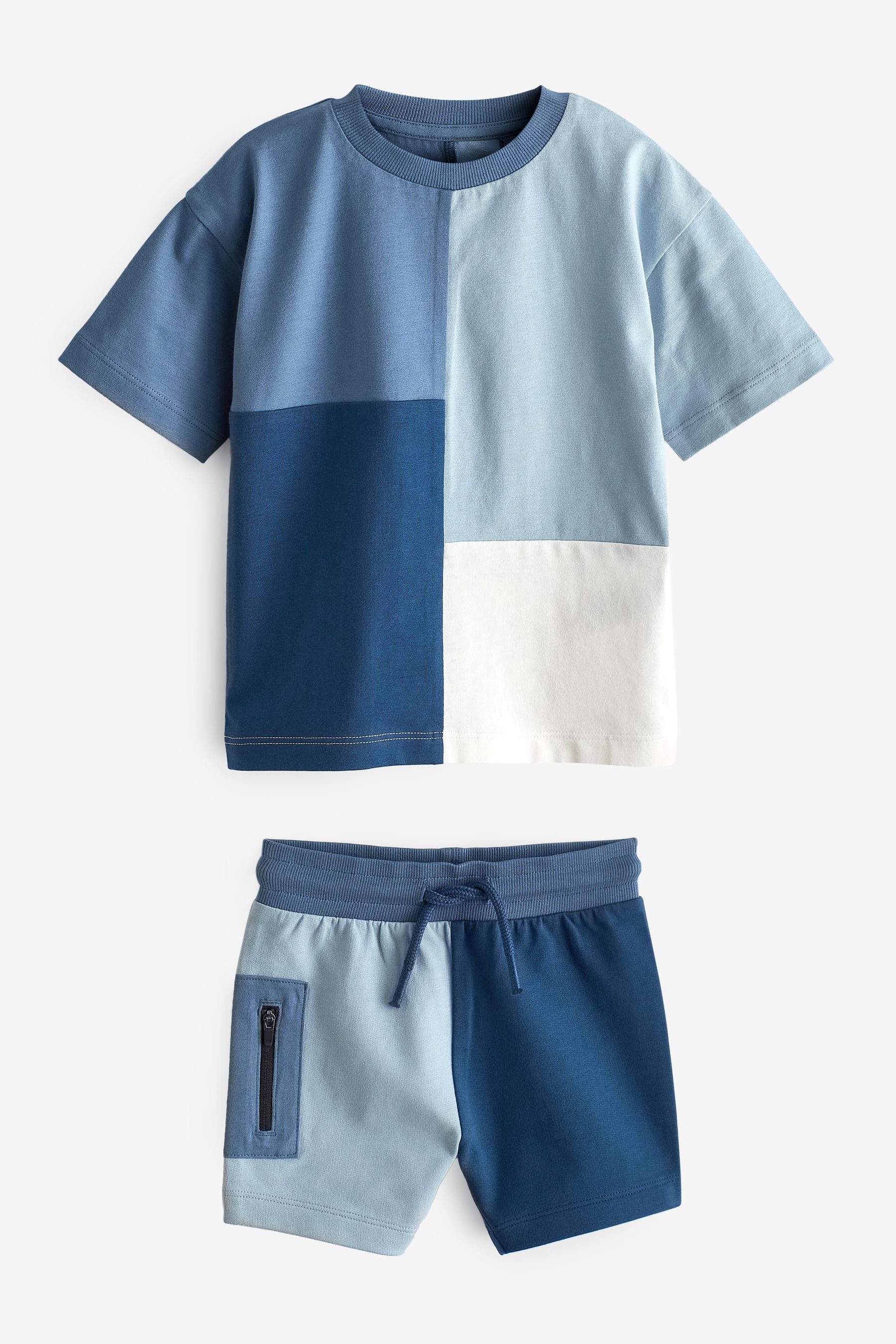 Blockfarben und (2-tlg) im Next Oversized Shorts Shirt Hose Blue in Set & Kurzarm-T-Shirt