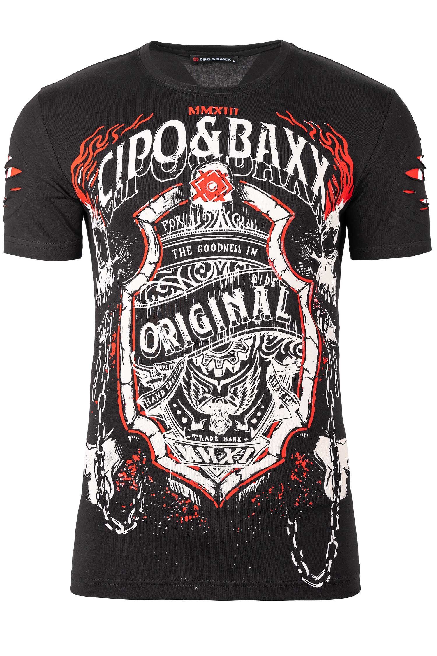 (1-tlg) Style schwarz Print-Shirt Totenkopf mit Extravagantes BA-CT772 Rider T-Shirt Cipo Baxx & Kurzarm im Ghost