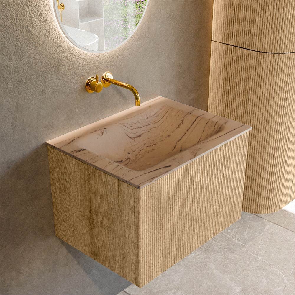 MONDIAZ Waschtisch set curve gerundet echtholz 60 cm Eiche KRVCLO601L0D0KMOakAre (Set Serie Curve, Waschbecken Serie Cloud (eckig), ohne Lochbohrung)