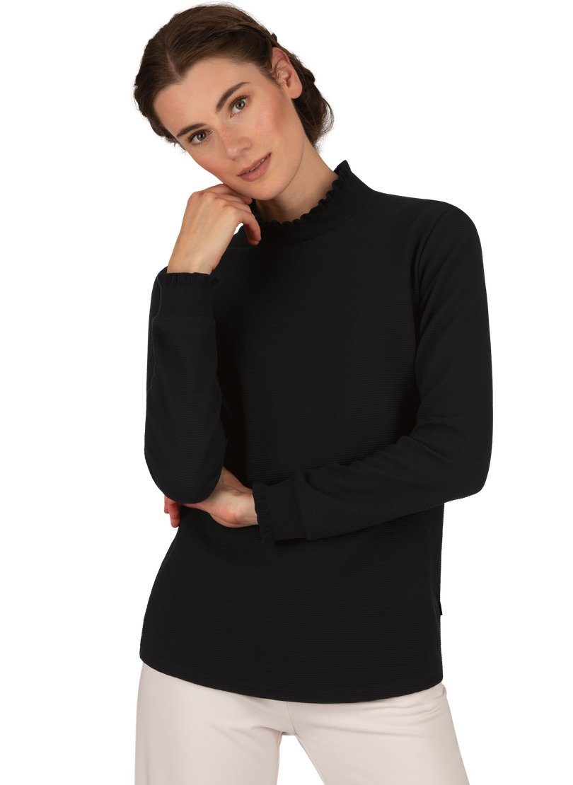 Trigema Sweatshirt TRIGEMA Stehkragen Pullover mit Rüschen schwarz