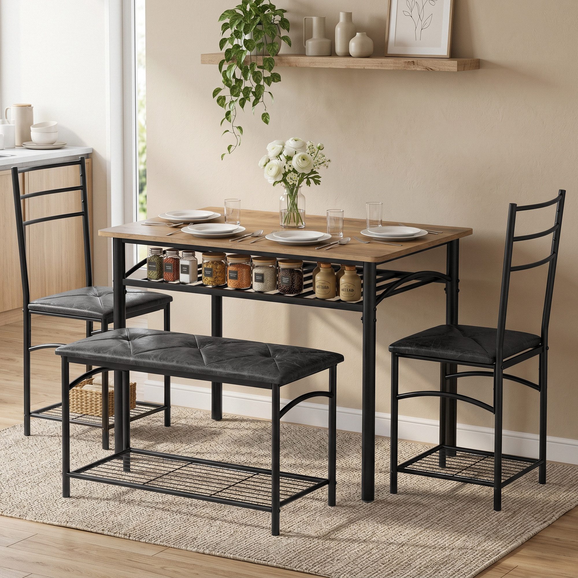 HOMCOM Essgruppe Esstisch-Set für kleine Räume, (Set, 4-tlg., 1 Tisch, 2 Stühle, 1 Bank), Platzsparend mit Ablage und Stauraum