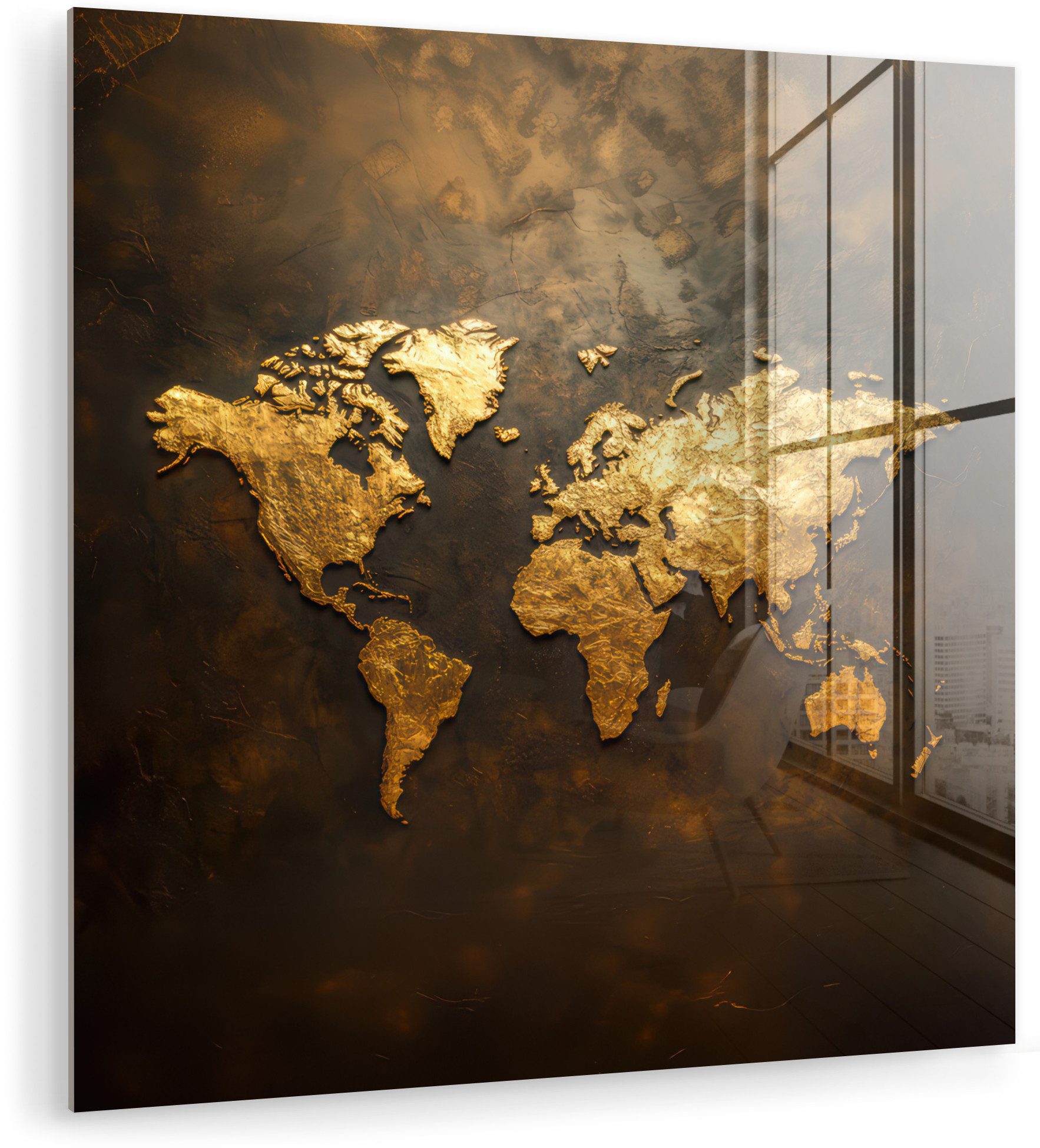 MuchoWow Acrylglasbild Weltkarte - Gold - Rost, Inkl. Aufhängung, Bilder auf Glas Wandbild, Wanddeko Wohnzimmer Badezimmer, 20x20 cm