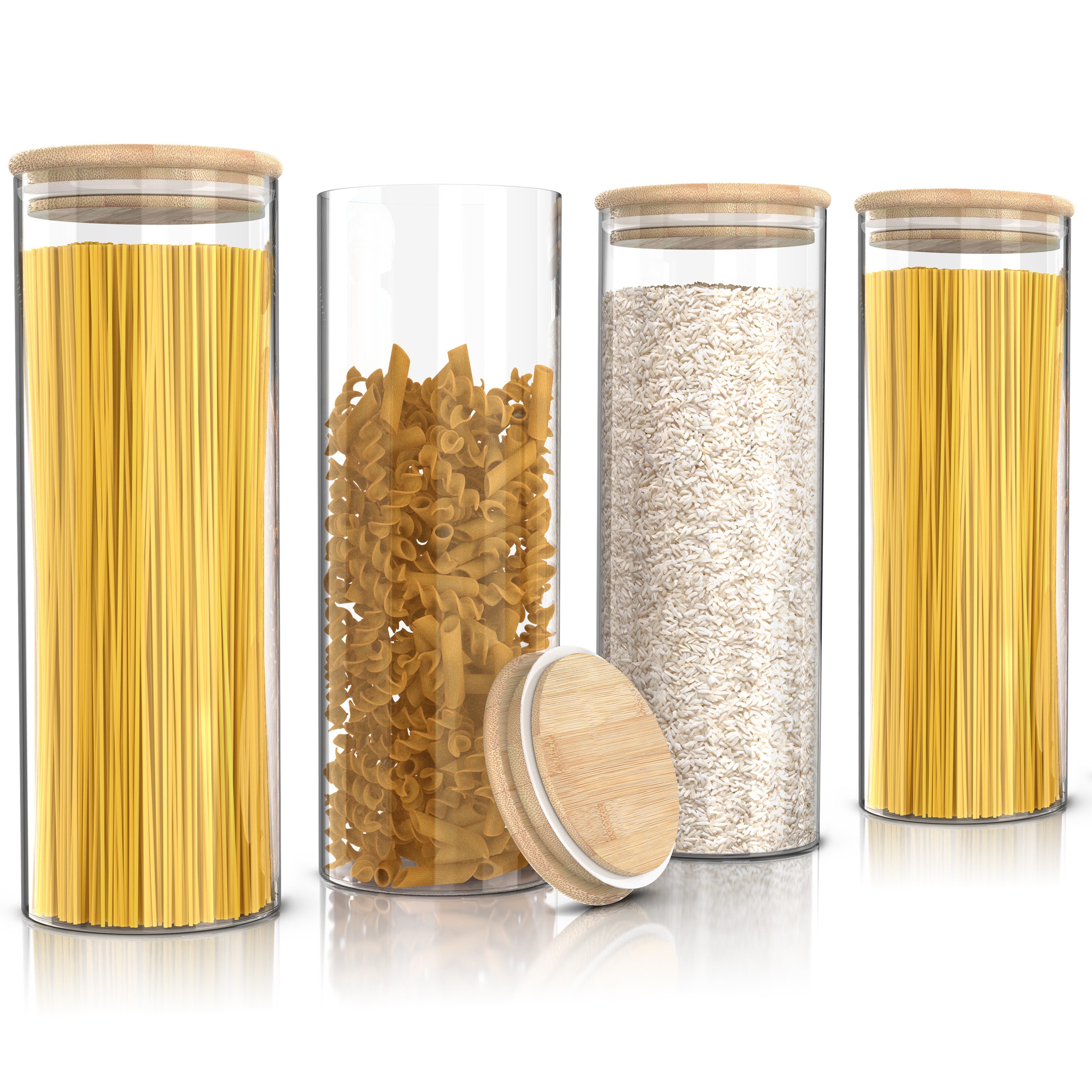 Arendo Aufbewahrungsbecher Glasbehälter-Set 4x 2,2 L Borosilikatglas mit Bambusdeckel, luftdicht, Borosilikatglas; Bambus; Silikon, (Vorratsbehälter-Set, 4-tlg., 4er Set), Hitzebeständig, umweltfreundlich, langlebig, mikrowellengeeignet
