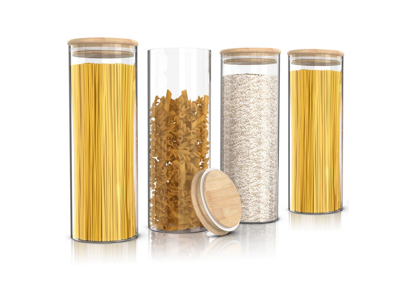 Arendo Aufbewahrungsbecher Glasbehälter-Set 4x 2,2 L Borosilikatglas mit Bambusdeckel, luftdicht, Borosilikatglas, Bambus, Silikon, (Vorratsbehälter-Set, 4-tlg., 4er Set), Hitzebeständig, umweltfreundlich, langlebig, mikrowellengeeignet