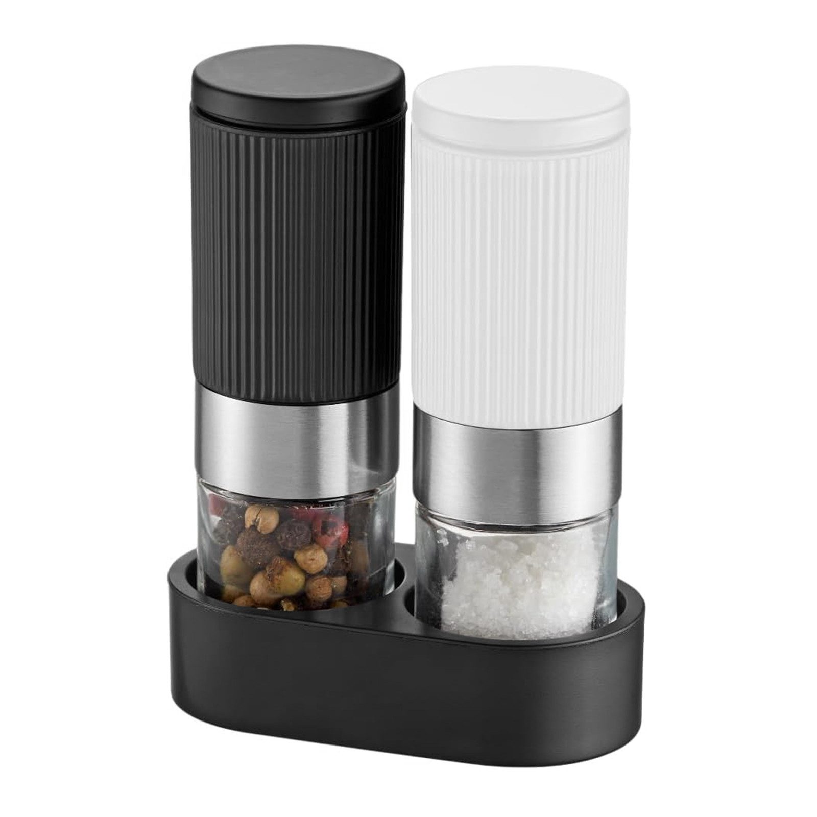 BlingBin Salz-/Pfeffermühle Mini Salz- und Pfeffer-Mühlen Set 2tlg Gewürzmühlen mit Untersetzer manuell, (2 Stück), Mahlwerk Salz Pfeffer für Küche Camping Geschenk