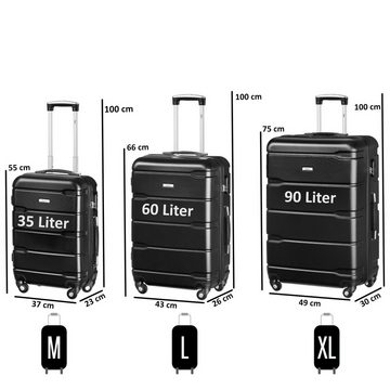 Zelsius Kofferset Koffer Set 3 Stück, Schwarz, ABS Hartschalenkoffer mit Zahlenschloss, 4 Rollen, (Set, 3 teiliges Kofferset)