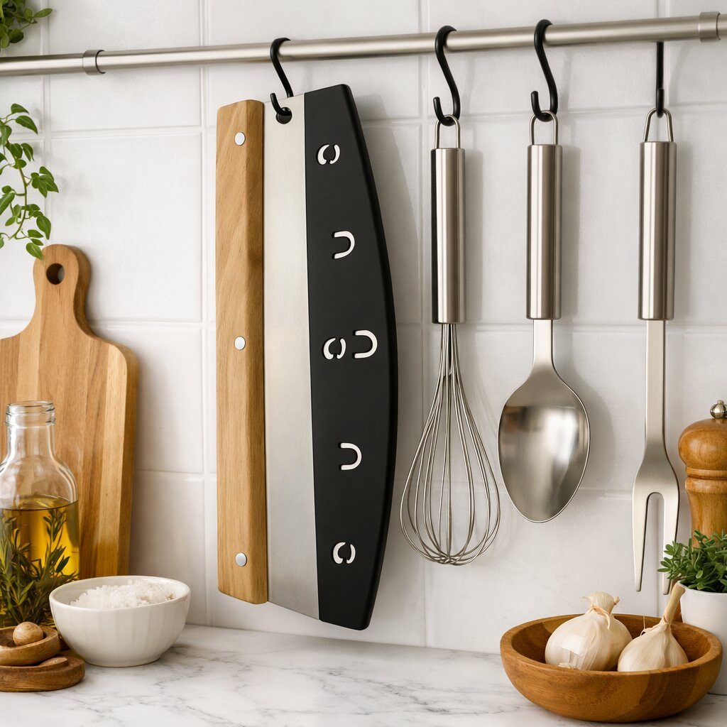 BigDean Wiegemesser Pizzaschneider 32 cm aus Edelstahl mit Holzgriff – Profi Pizzamesser, Rostfreier Edelstahl, 32cm schnittlänge, einfache 2hand bedienung – Bild 5 von 5