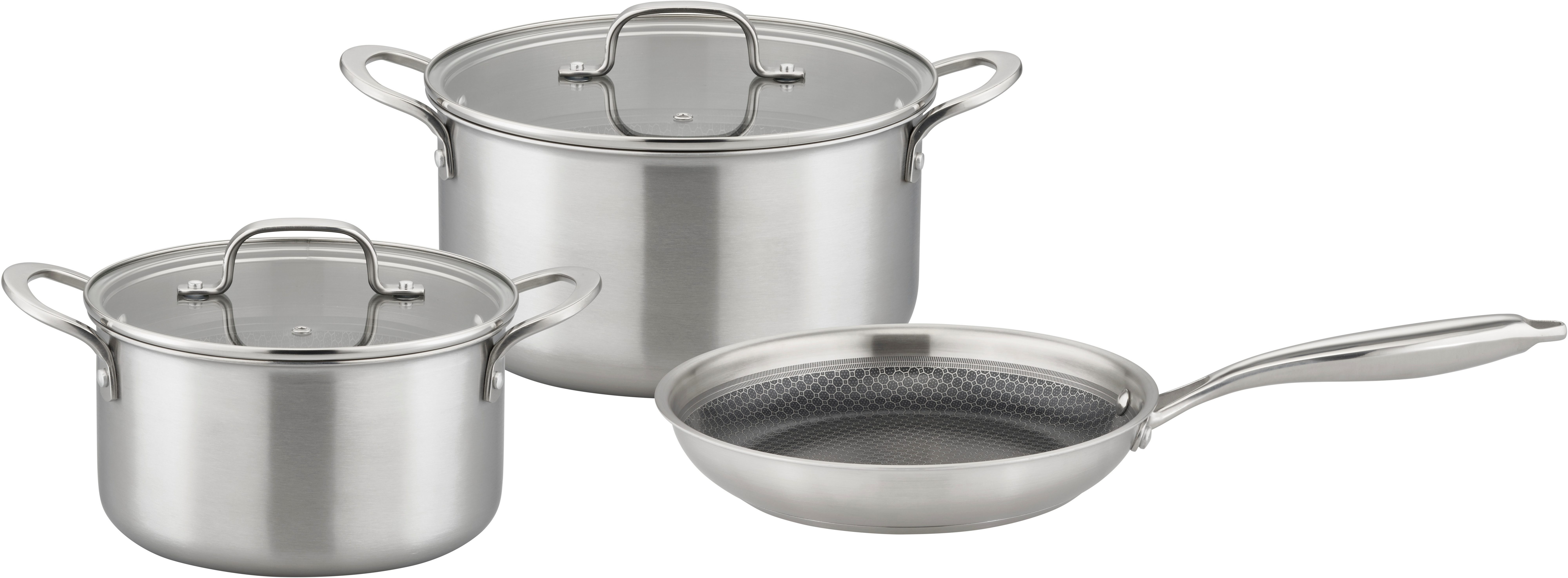 GSW Topf-Set Inoxxa Black, Glas, Edelstahl (Set, 5-tlg), Kochtopf-Set aus Dreischicht-Material mit Antihaft-Versiegelung