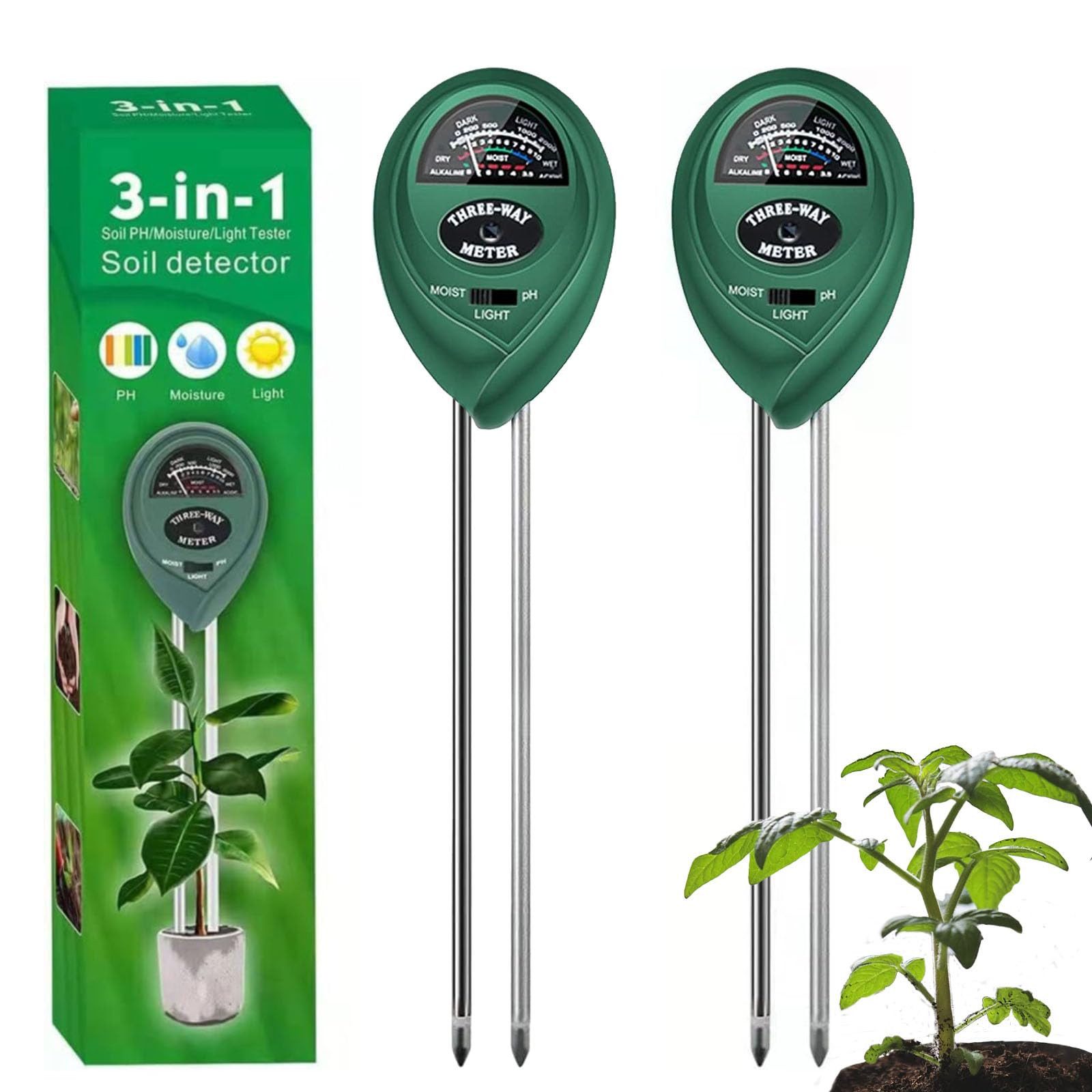 Bundviel Feuchtigkeitsmesser 3-in-1 Bodenmessgerät für Pflanzen PH Wert Bodentester Licht Messgerät, (2-St), 2 Stück Bodenfeuchtigkeitsmessgerät