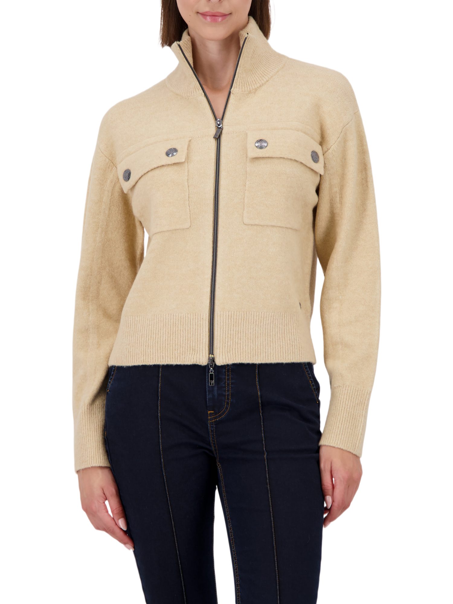 Monari Strickjacke natur,Indoor,Polyester,Unifarben,Stehkragen,Lang,Regular Fit