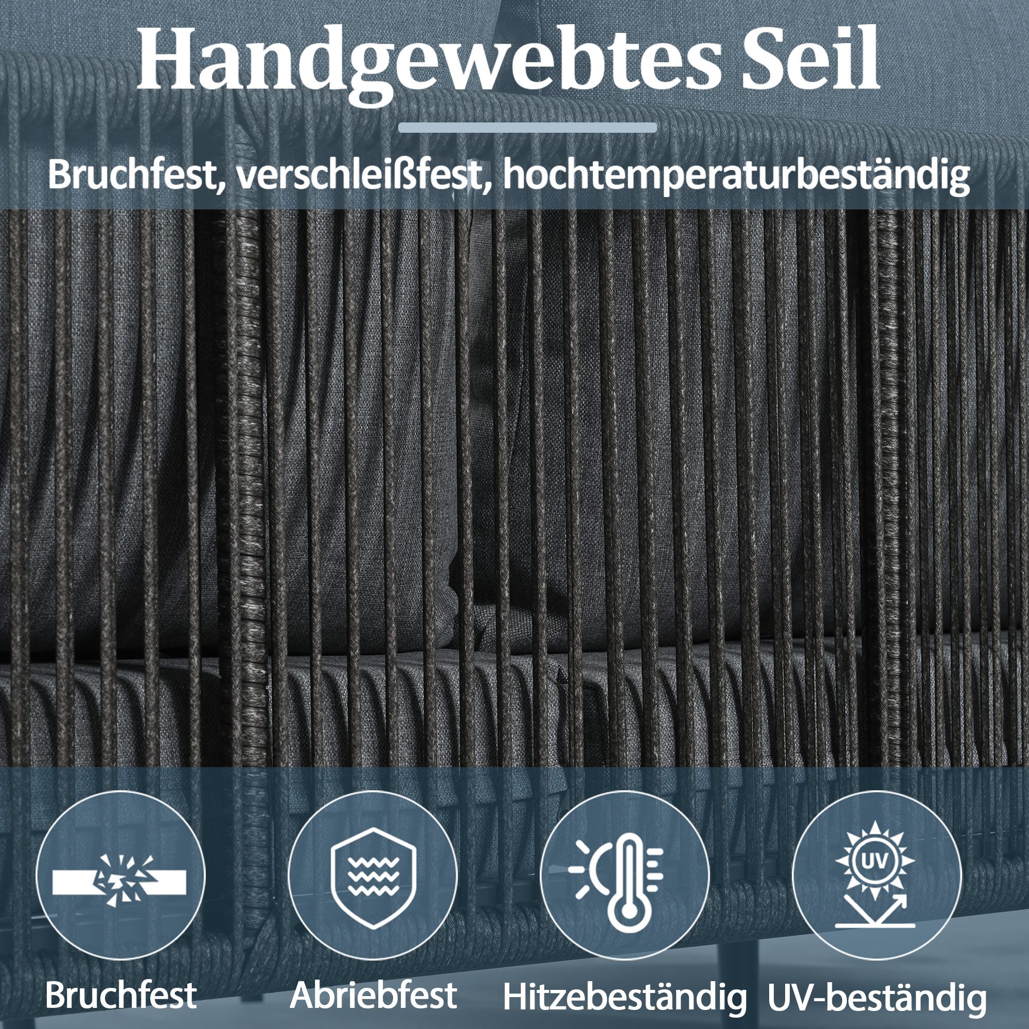 Flieks Gartenlounge-Set, 4-Sitzer Gartenmöbel-Set Essgruppe mit geflochtenen Seilarmlehnen