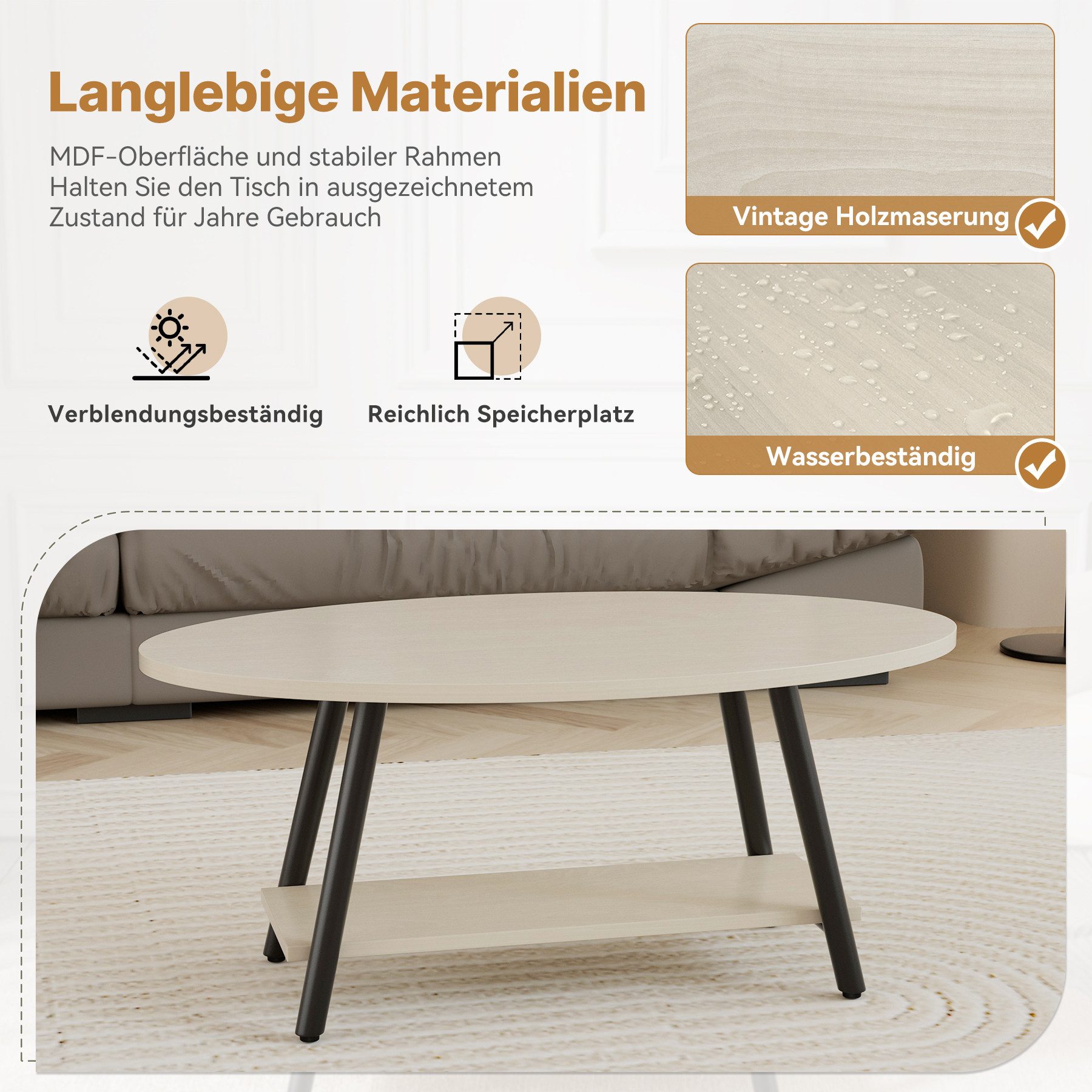 HawthyHome Couchtisch ovaler 2-stöckiger Beistelltisch mit Stauraum, 101 x 60 cm (1-St), Moderner Massivholztisch, ideal für Wohnzimmer und Schlafzimmer
