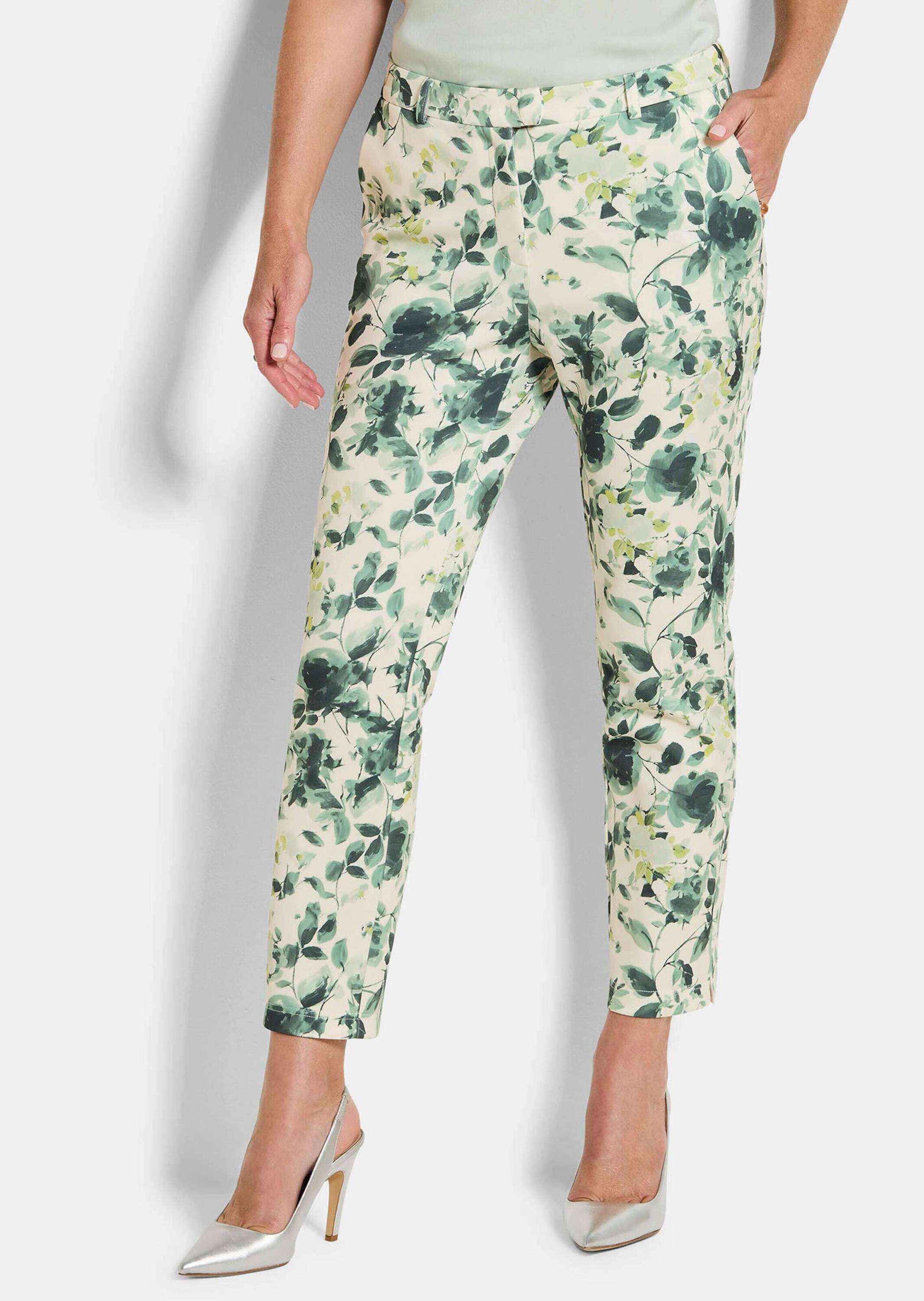 GOLDNER Stoffhose Jerseyhose mit floralem Design Druckhose mit Formbund, Reißverschluss, Taschen und Knöchellänge