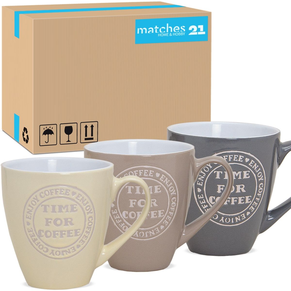 matches21 HOME & HOBBY Tasse Große Kaffeetassen 24er Set einfarbig mit Spruch Coffee Time, 24-tlg., Keramik, Tee Kaffee-Becher modern grau beige cremefarben 400 ml