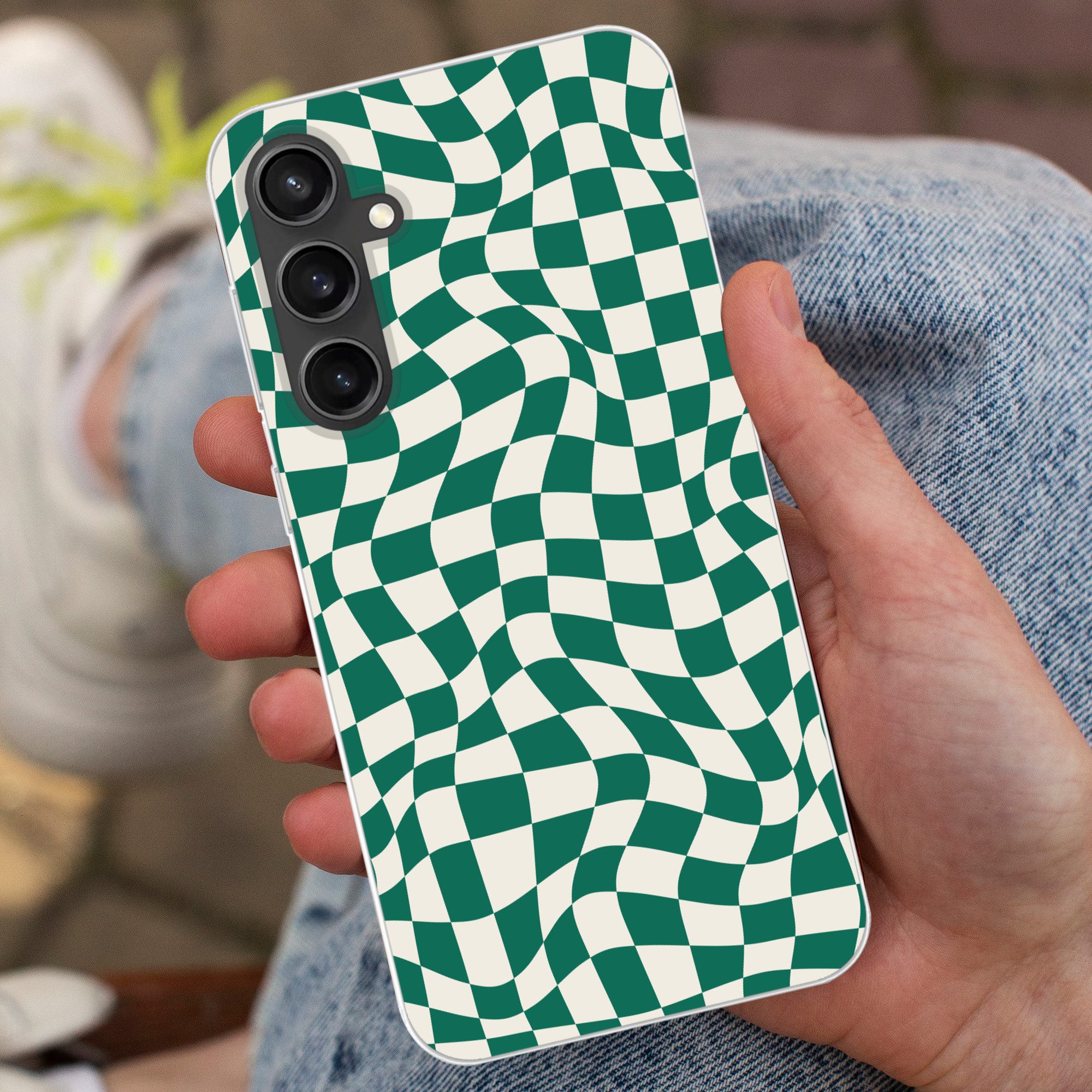 MuchoWow Handyhülle für Samsung Galaxy S23 FE Gewellte Boxen - Grün - Weiß - Abstrakt