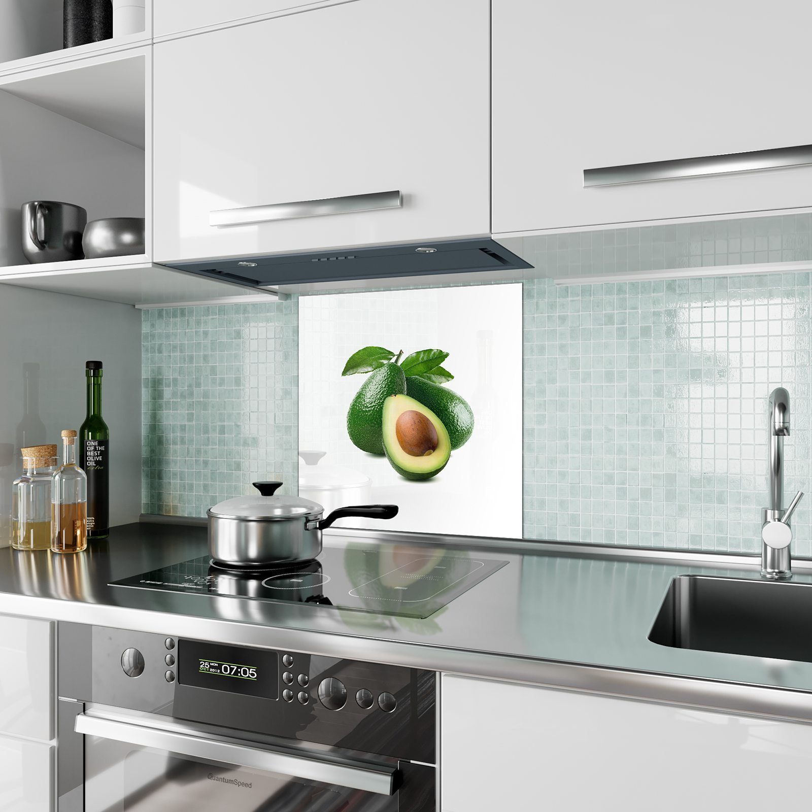Motiv Primedeco halbiert Avocado Küchenrückwand und Glas mit ganz Küchenrückwand Spritzschutz