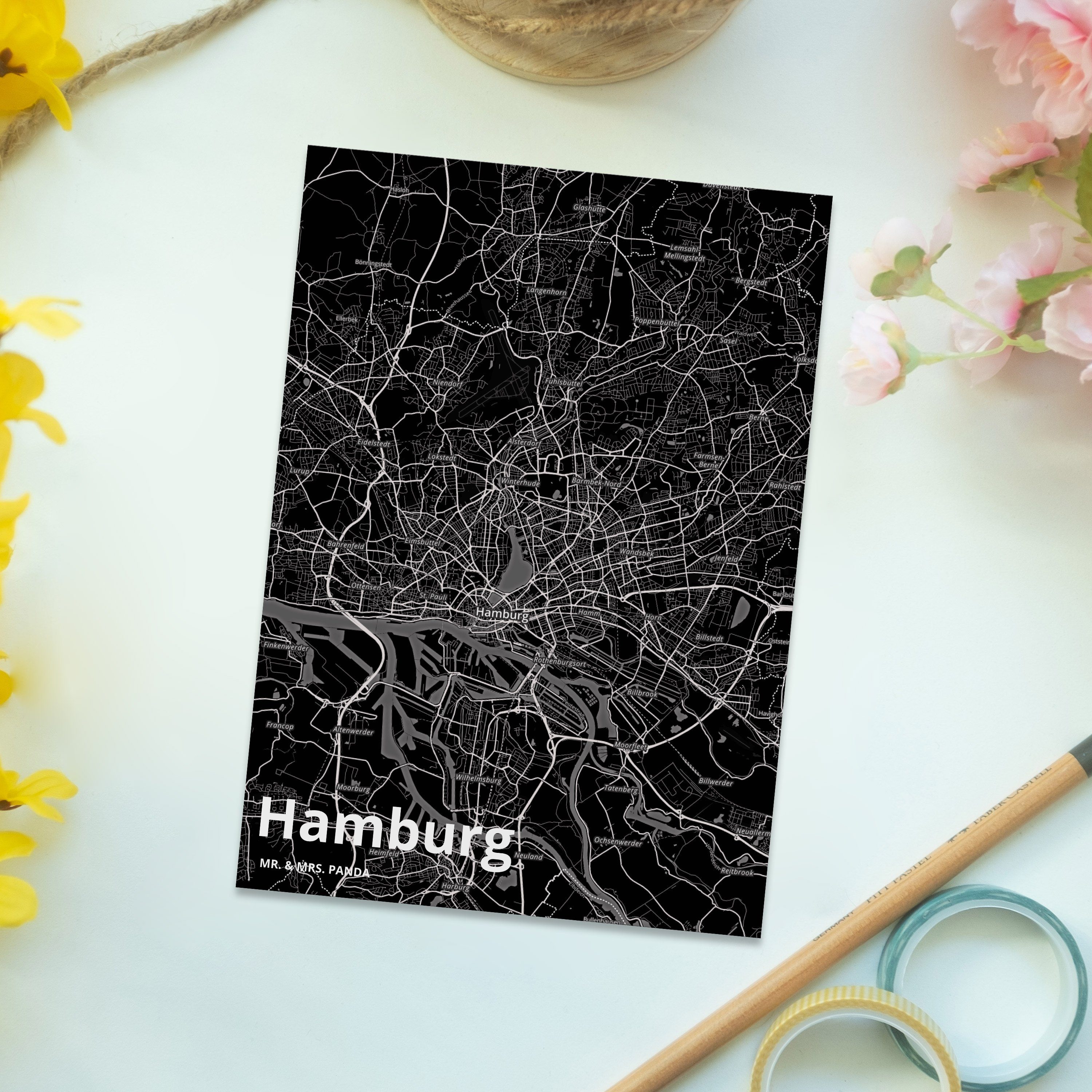 - Stadt Mr. Hamburg Mrs. & K Ort, Dorf, Grußkarte, Postkarte Panda Geschenk, Dorf Geschenkkarte,