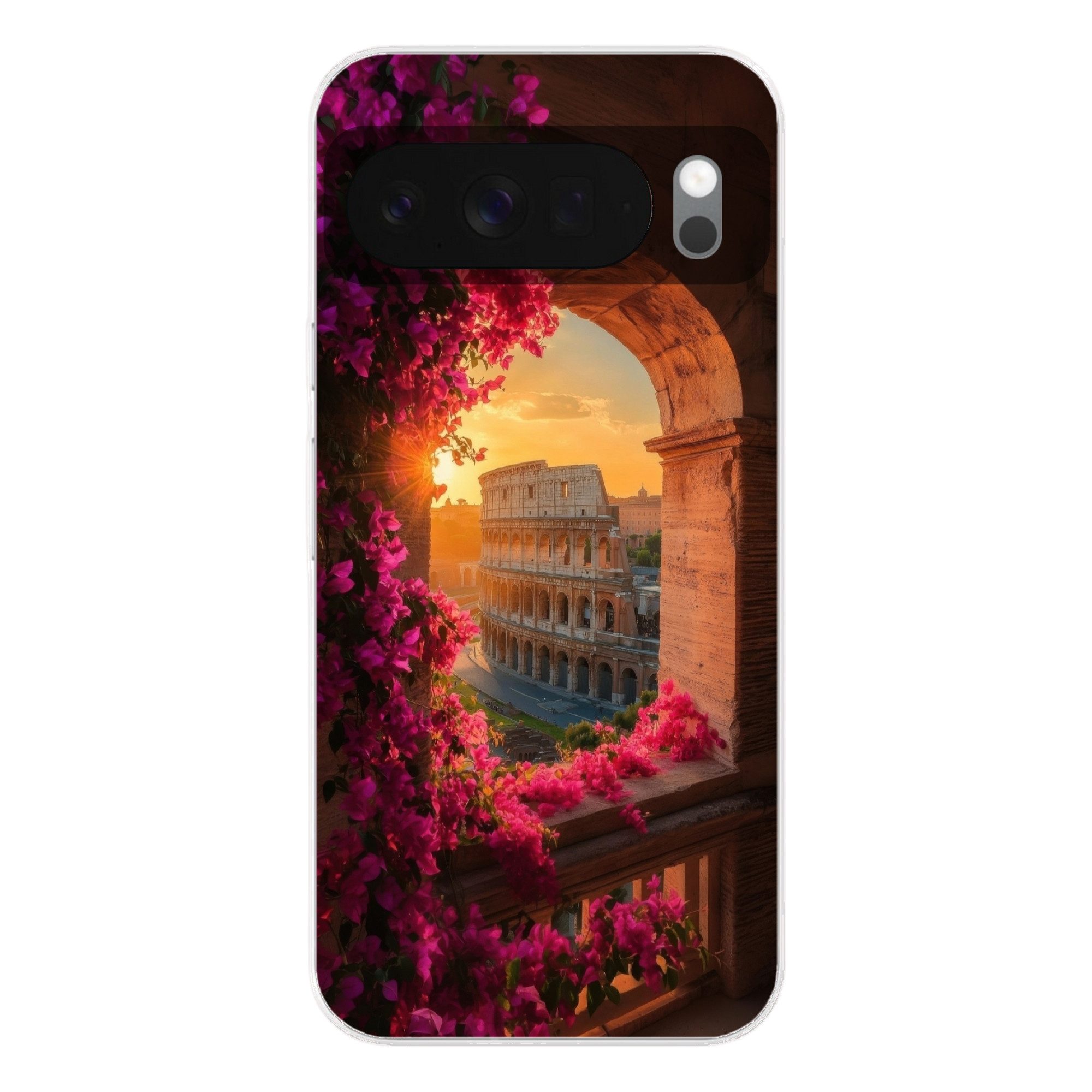 MuchoWow Handyhülle für Google Pixel 10 Pro XL Kolosseum - Rom - Rosa Blumen, Phone Case, Silikon, Schutzhülle Dünn
