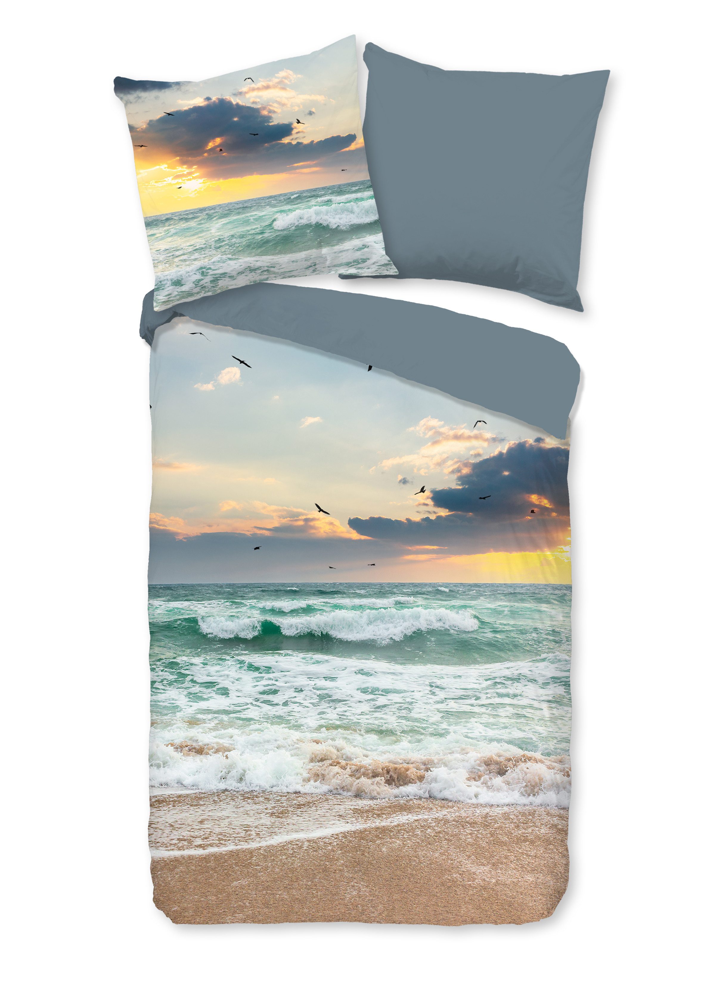 Pure Bettwäsche Bettwäsche 155x220 + 1 x 80x80 cm Mikrofaser Samui Meer mit Sonnenunt, Mikrofaser, 2 teilig, 1 x Bettbezug 155 x 220 cm + 1 x Kissenbezug 80 x 80 cm bunt