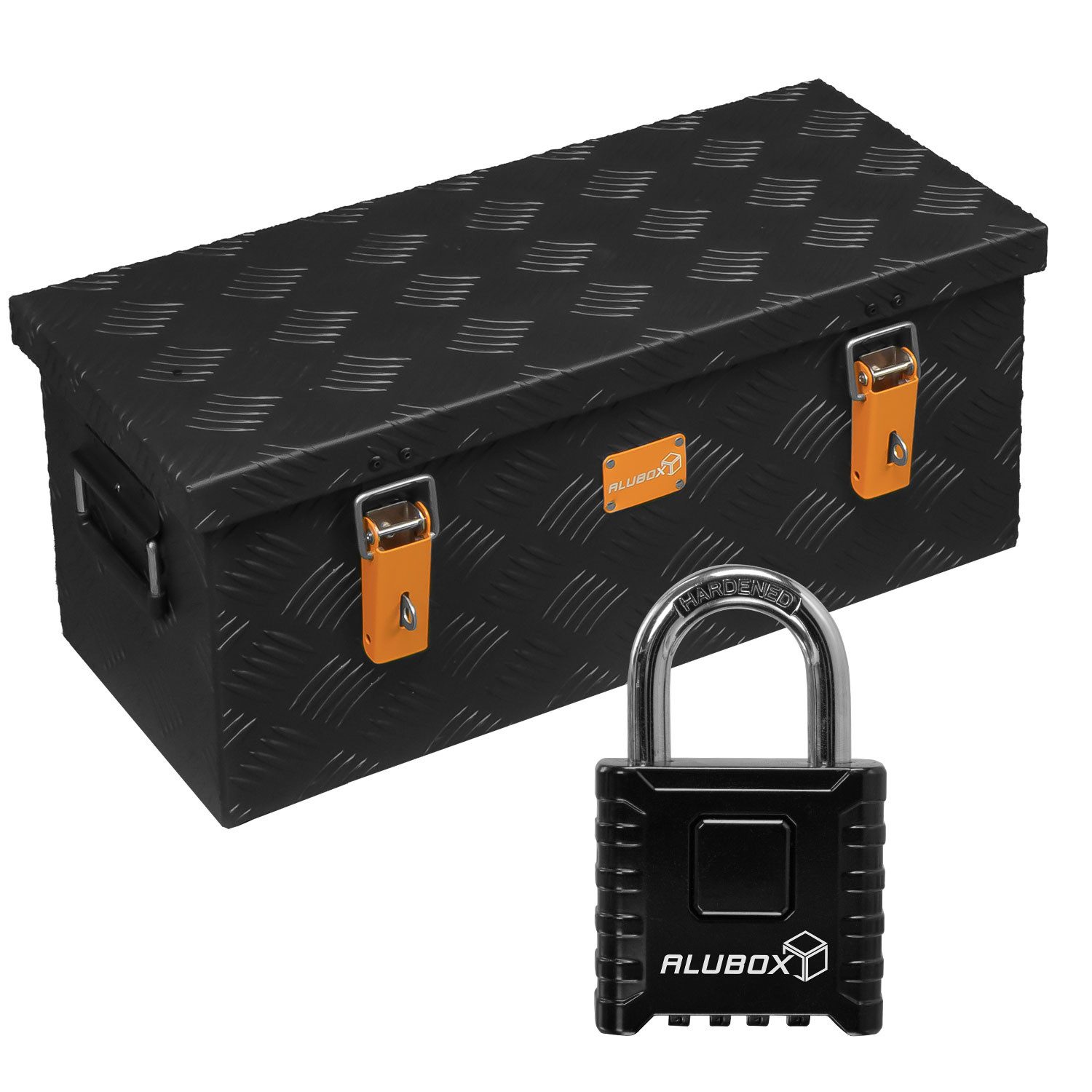 ALUBOX Aufbewahrungsbox ALUBOX Riffelblech Alukiste Zahlenschloss 4 stellig, 3 mm Wandstärke - steht auf 4 Füßen mit M10 Innengwinde
