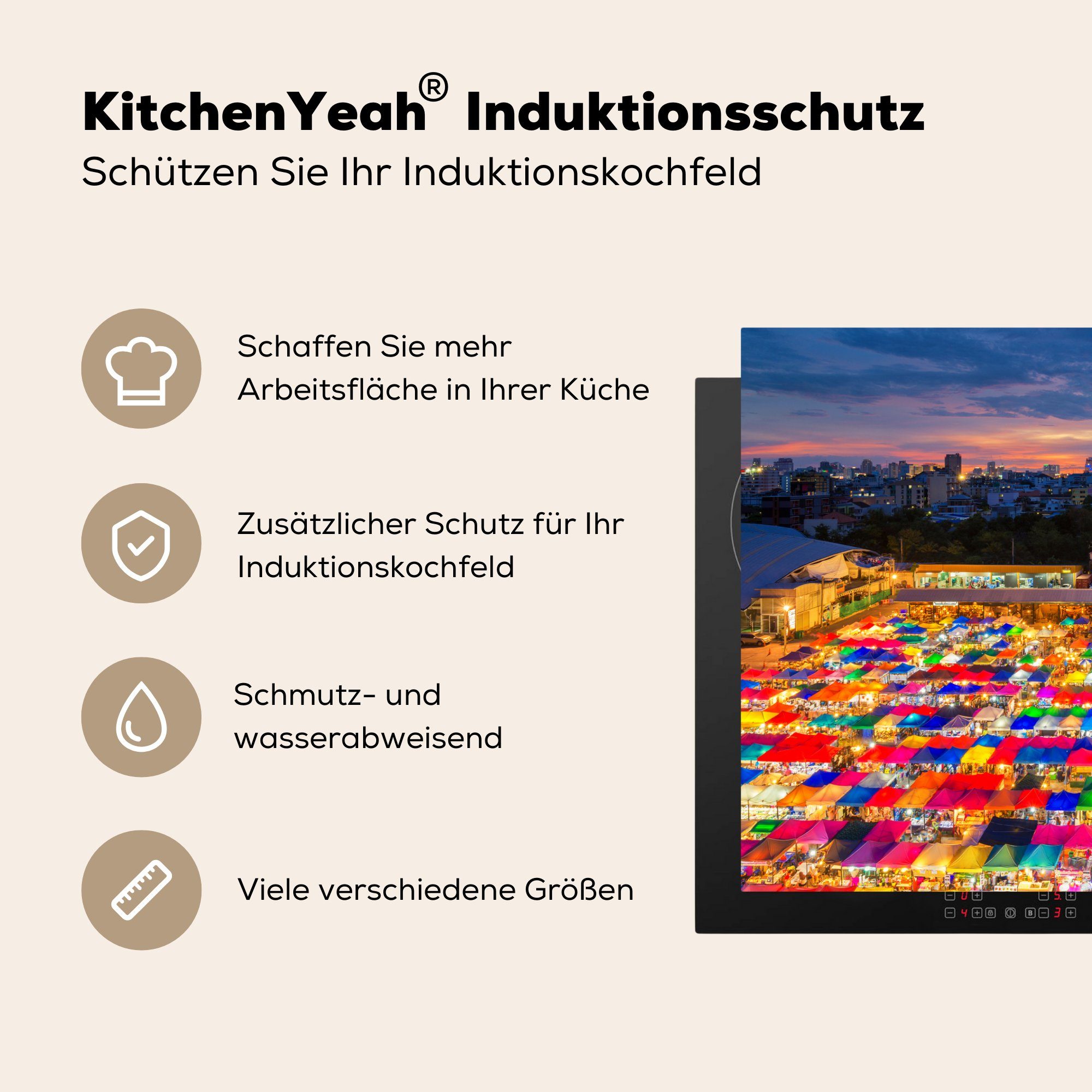 MuchoWow Herdblende-/Abdeckplatte Schutz Farben küche, (1 dem 81x52 der auf Prachtvolle tlg), die cm, Ceranfeldabdeckung Zelte Vinyl, Chatuchak-Markt, Induktionskochfeld für