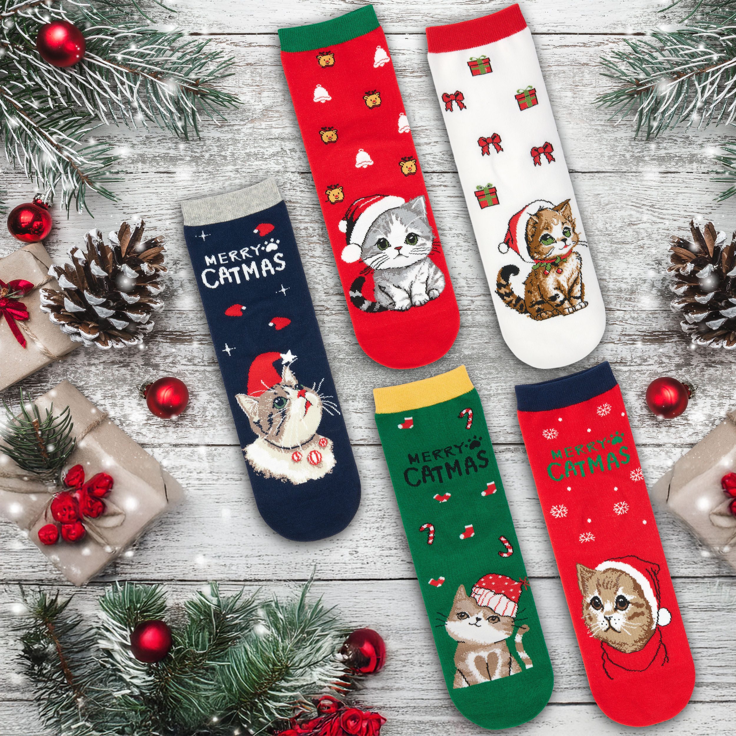 BRUBAKER Socken Damen und Herren Weihnachtssocken - Merry Catmas Unisexsocken (Bunte Baumwollsocken für Frauen und Männer - Geschenkset, 5-Paar, Damensocken mit humorvollen Katzenmotiven) Lustige Herrensocken für Weihnachten & Nikolaus