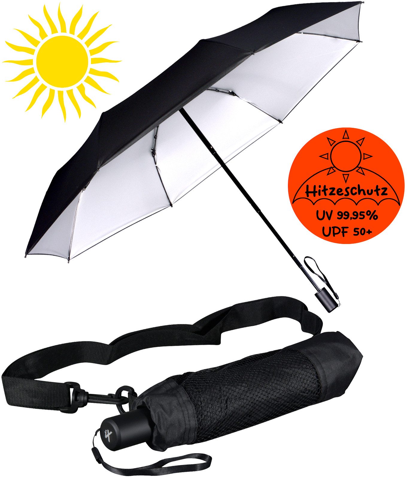 iX-brella Taschenregenschirm Sonnen-Regenschirm mit UPF 50+, UV-Hitze-Schutz, mit Umhängetasche, mit Handöffner, innen silber