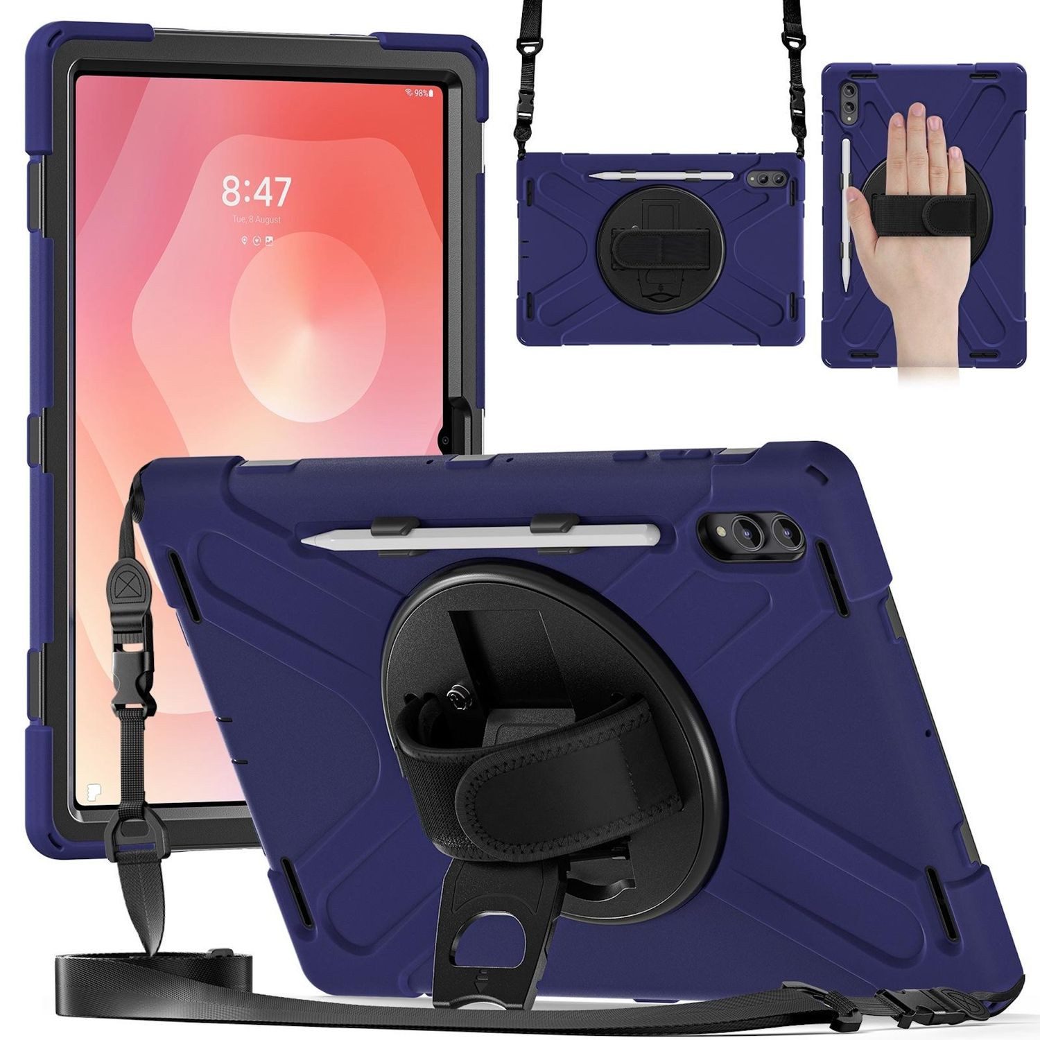 Wigento Tablet-Hülle Für Samsung Galaxy Tab S11 Ultra Hülle Halter & Schultergurt D- Blau, 360° drehbar, stoßfest, Schultergurt