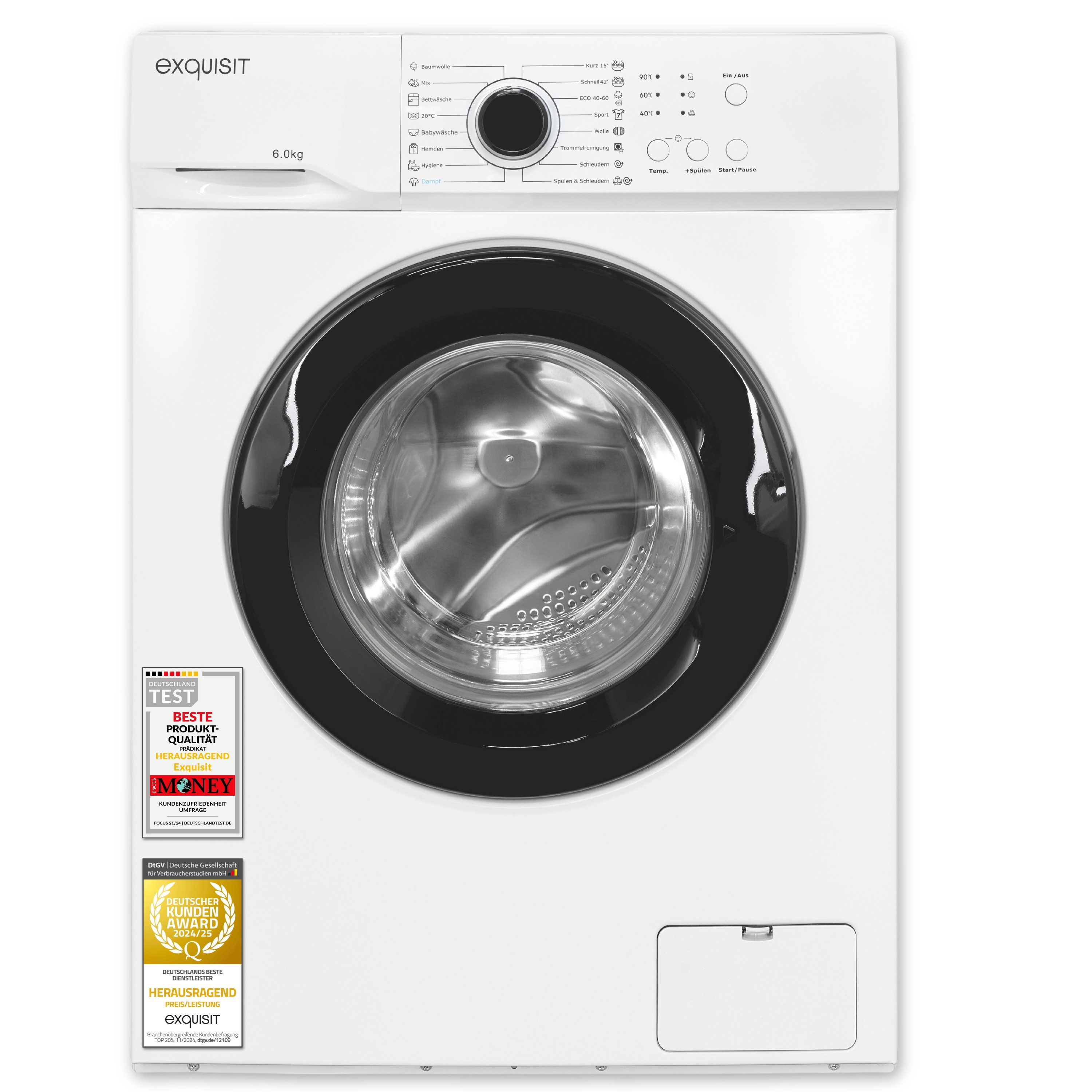 exquisit Waschmaschine WA56110-020A, 6 kg, 1000 U/min, 16 Programme, Eco, 6kg Kapazität, 3 Waschmittelkammer