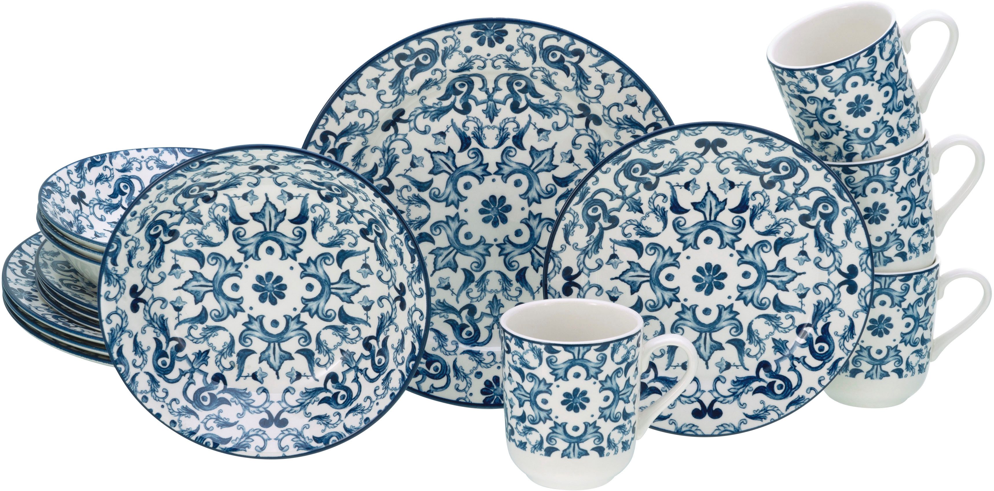 CreaTable Kombiservice Fresco Blau, Kombi-Service 16-tlg (16-tlg), 4 Personen, Steingut, Ornamentmotiv, Mediterran
