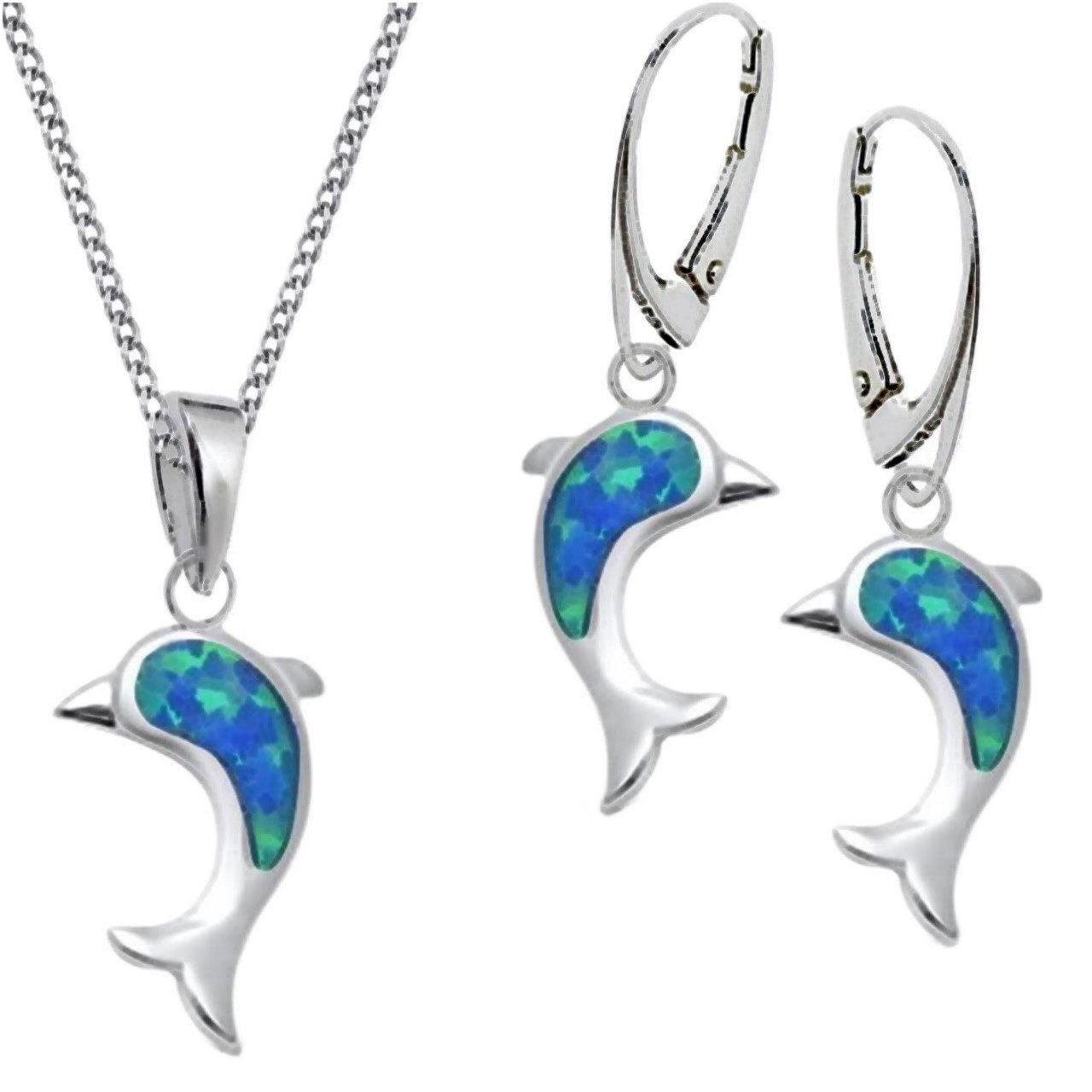 Schmuckset Silberset mit synth. Blaue Opale und Delfinmotiven, 03519