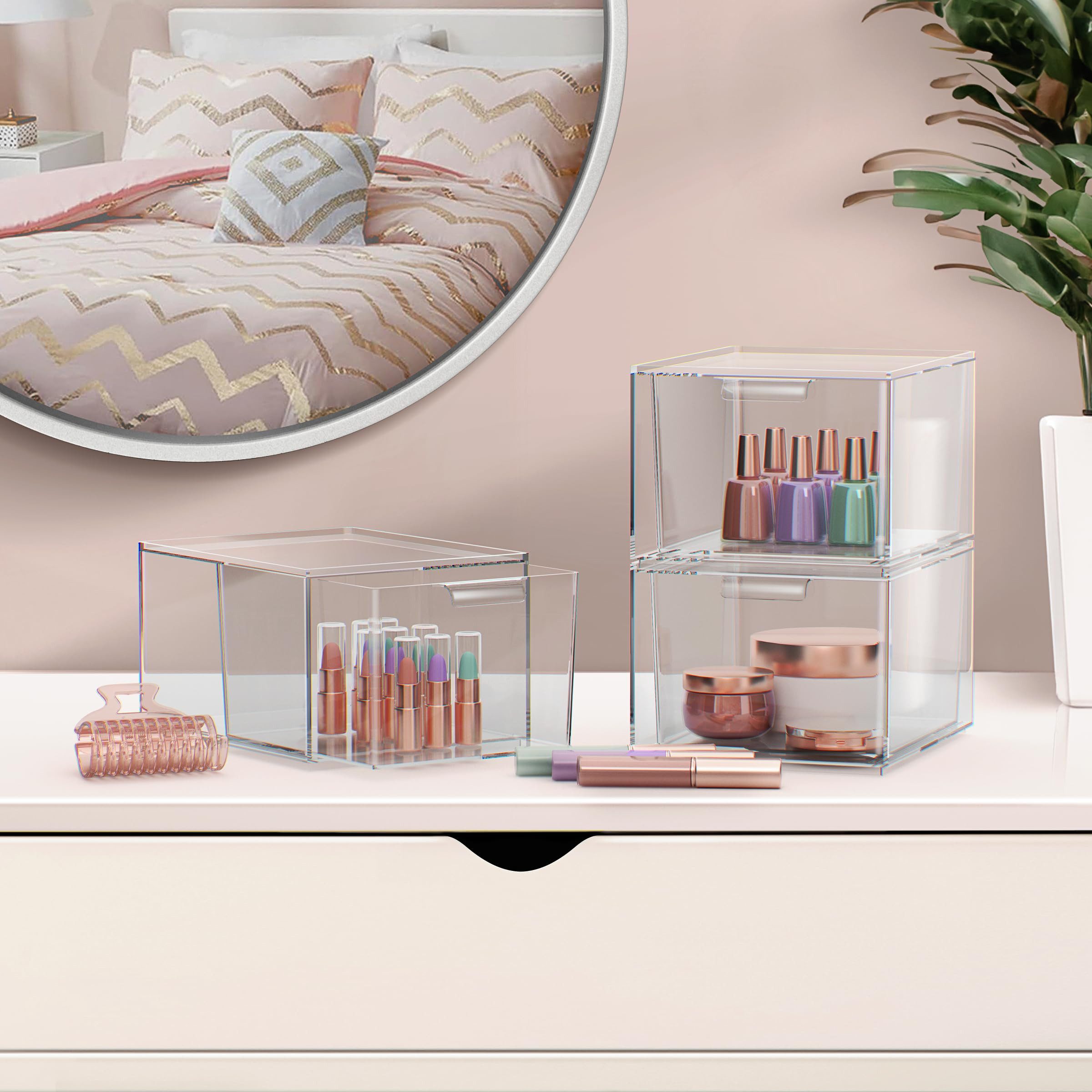 SURFOU Badorganizer Stapelbarer Make-up-Organizer 2/4/6er-Set Acryl-Organizer transparent (transparente Kunststoff-Aufbewahrungsboxen mit Griffen für Schminktisch, Unterschrank, Küchenschränke und Vorratskammer, 2 St., Schubladen-Aufbewahrungsbox), 20 * 15,3 * 11,3cm, Kann in Kombination verwendet werden