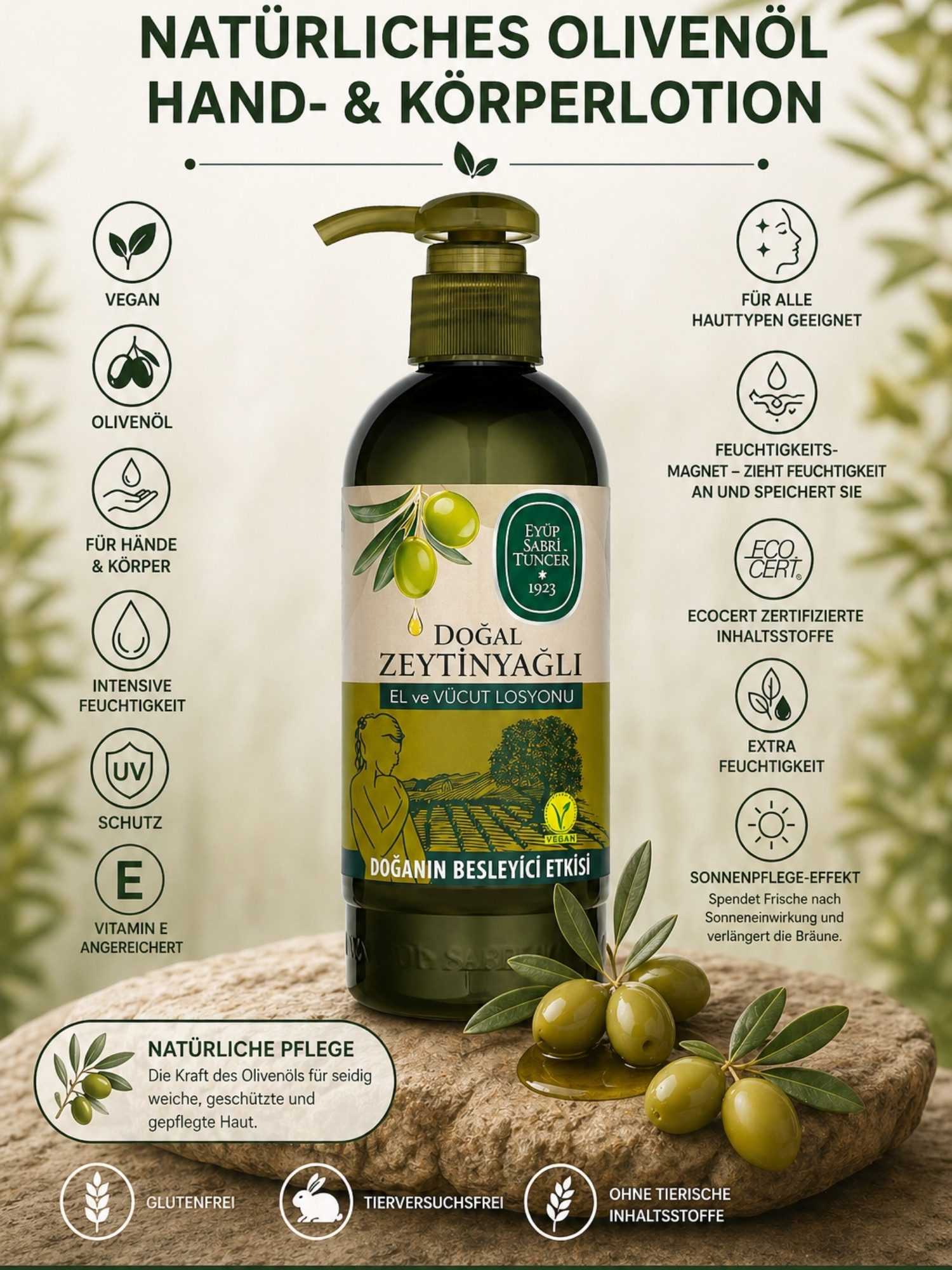 EYÜP SABRI TUNCER Körperlotion Vegan Hand & Körper Lotion mit Vitamin E für alle Hauttypen, Vegan, Dermatologisch getestet, Glutenfrei, Mit Vitamin E