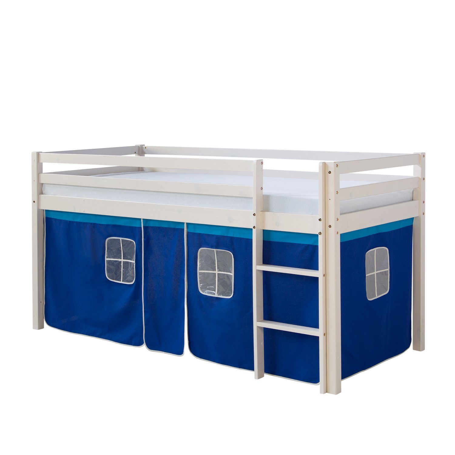 Homestyle4u Hochbett 90x200 mit Vorhang Stockbett Kinderbett Holz Weiß Blau günstig online kaufen
