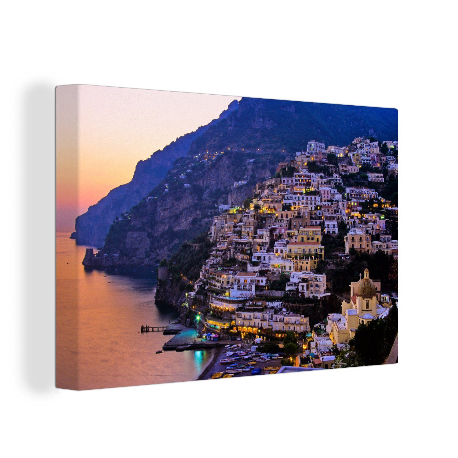 OneMillionCanvasses® Leinwandbild Positano an der Amalfiküste bei Sonnenuntergang, (1 St), Wandbild Leinwandbilder, Aufhängefertig, Wanddeko, 30x20 cm