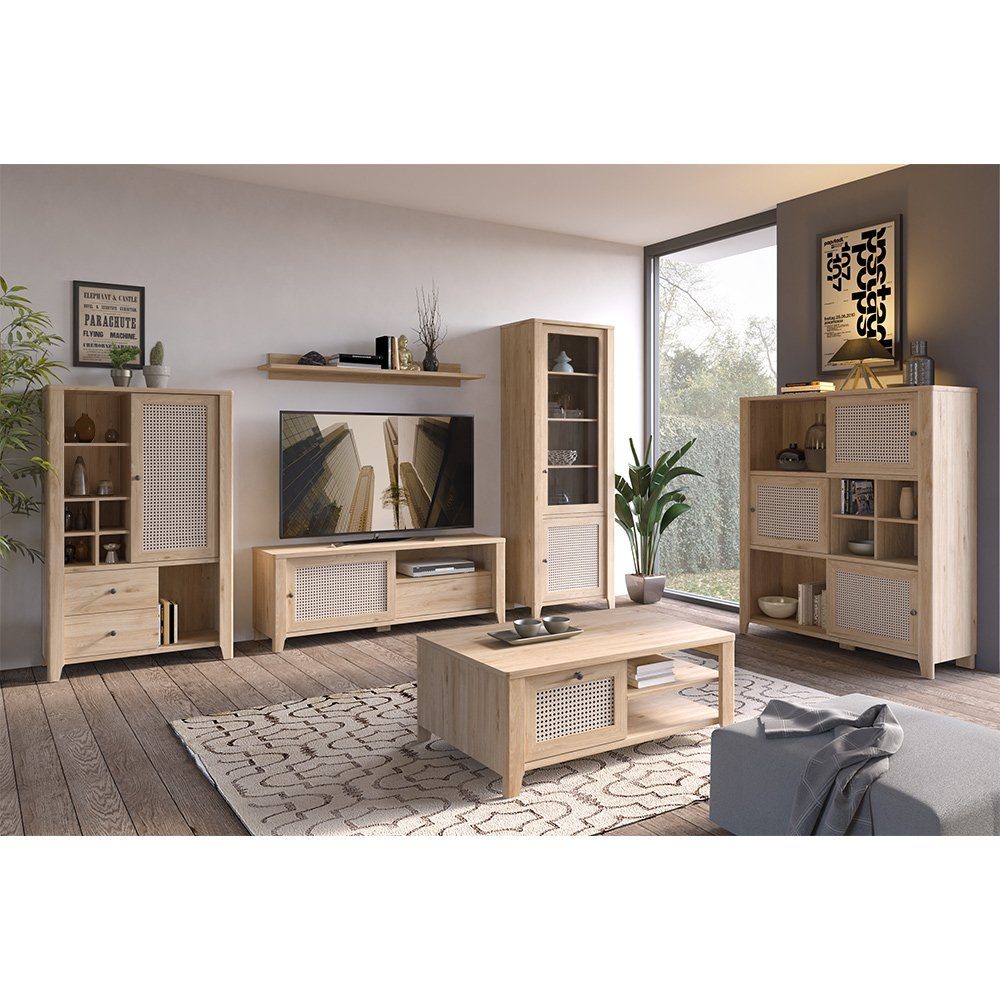 Lomadox Wohnzimmer-Set CREMONA-129, (Mega-Spar-Set, 6-St., 6-tlg), inkl. Couchtisch in Eiche Nb. mit Wiener Geflecht Nb.