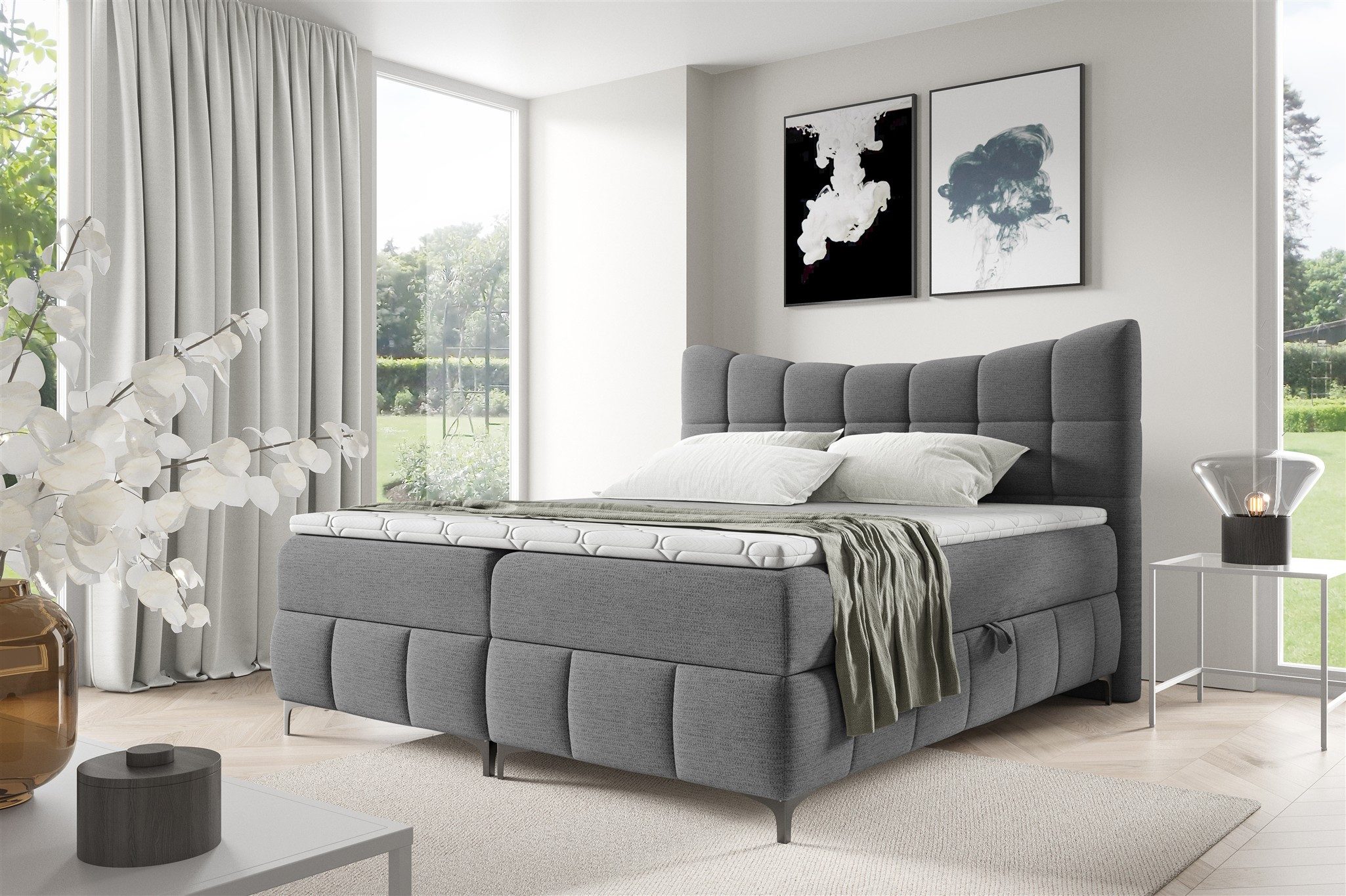 Fun Möbel Boxbett Bett Schlafzimmerbett CHARLES PREMIUM in Stoff (Taschenfederkernmatratze), inkl. Viscoschaumtopper und Bettkästen