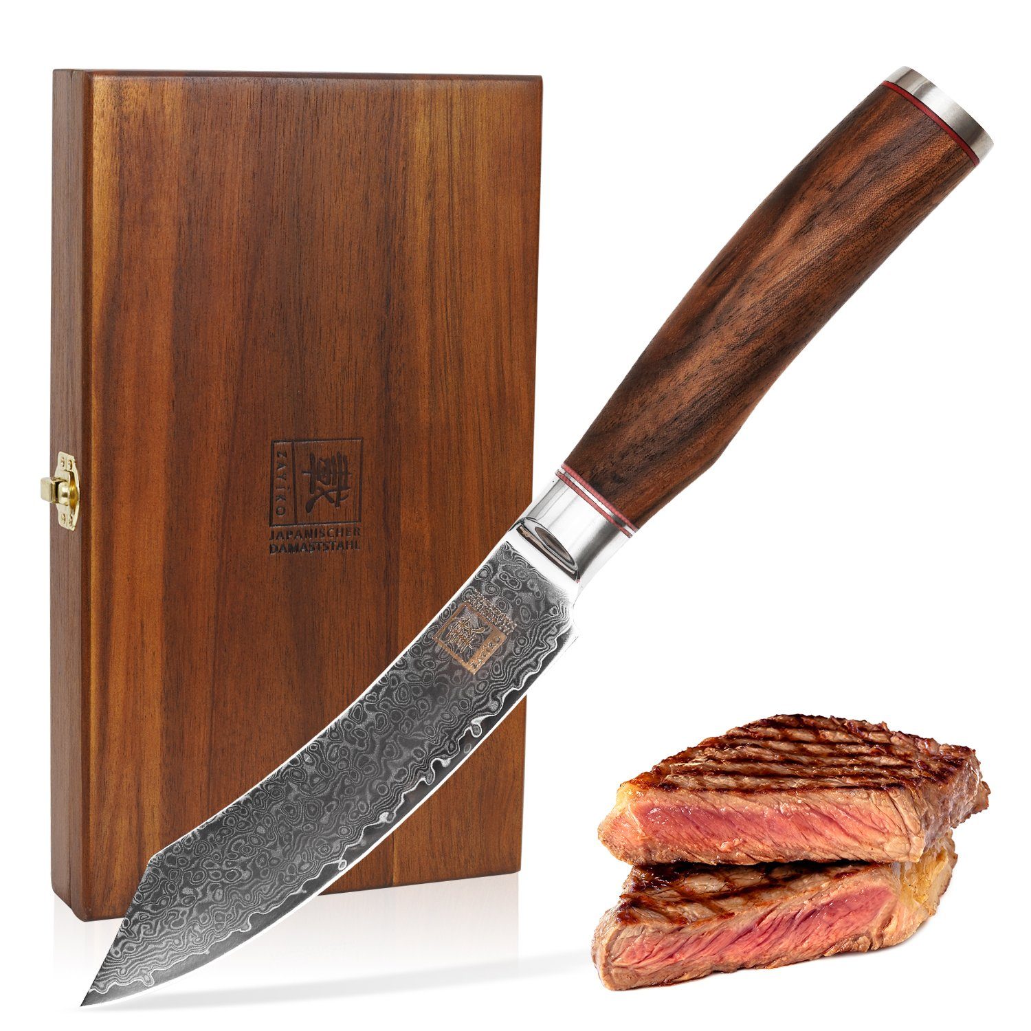 I I Steakmesser 12cm Klinge Holzbox ZAYIKO Damast Nussbaumgriffe Messer-Set 4er Kurumi I