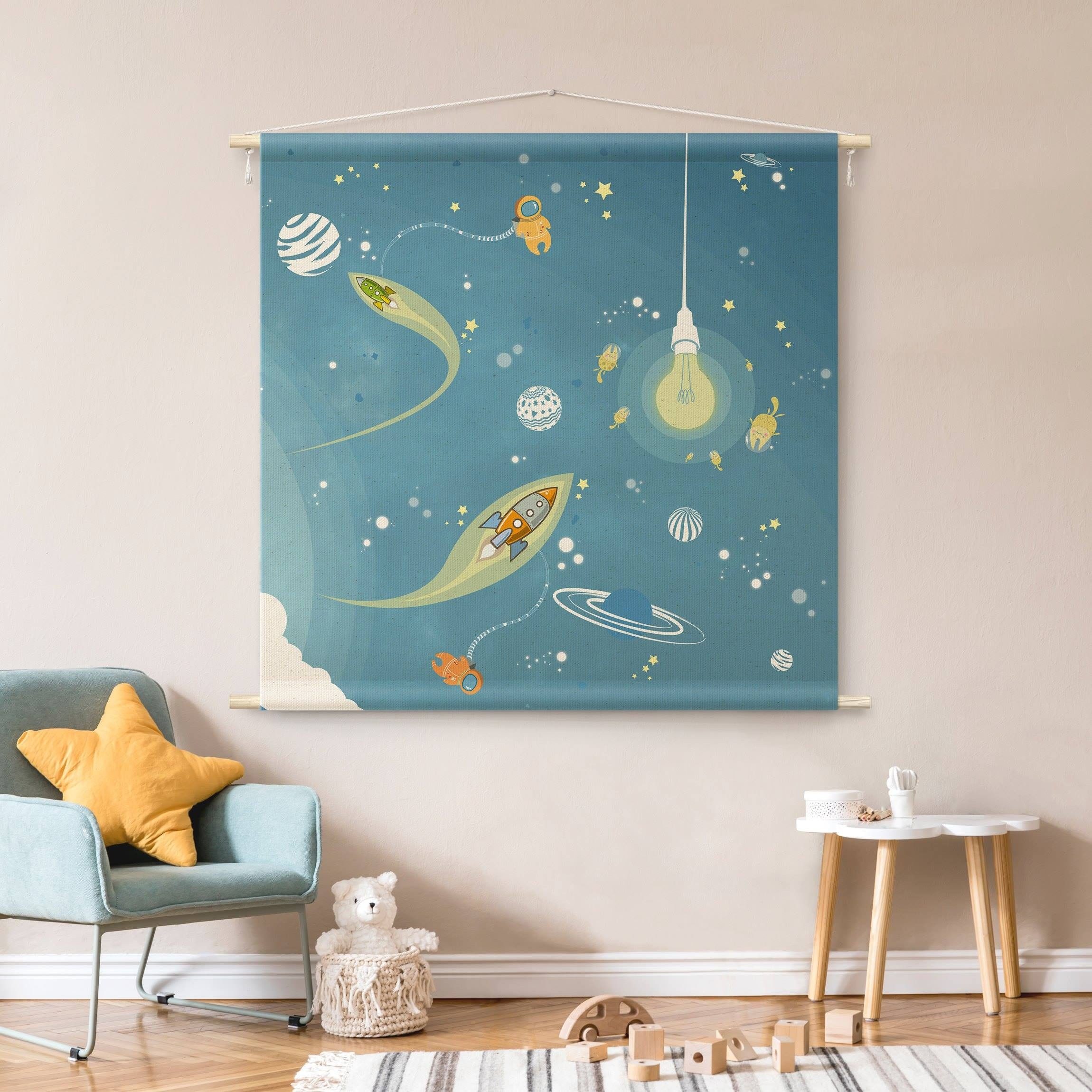 Bilderdepot24 Wandteppich Jungenzimmer modern Weltall blau, quadratisch, Höhe: 2.6 mm, großes Wandbild aus Natur-Baumwolle Wandbehang Stoffbild Tuch Wollseil