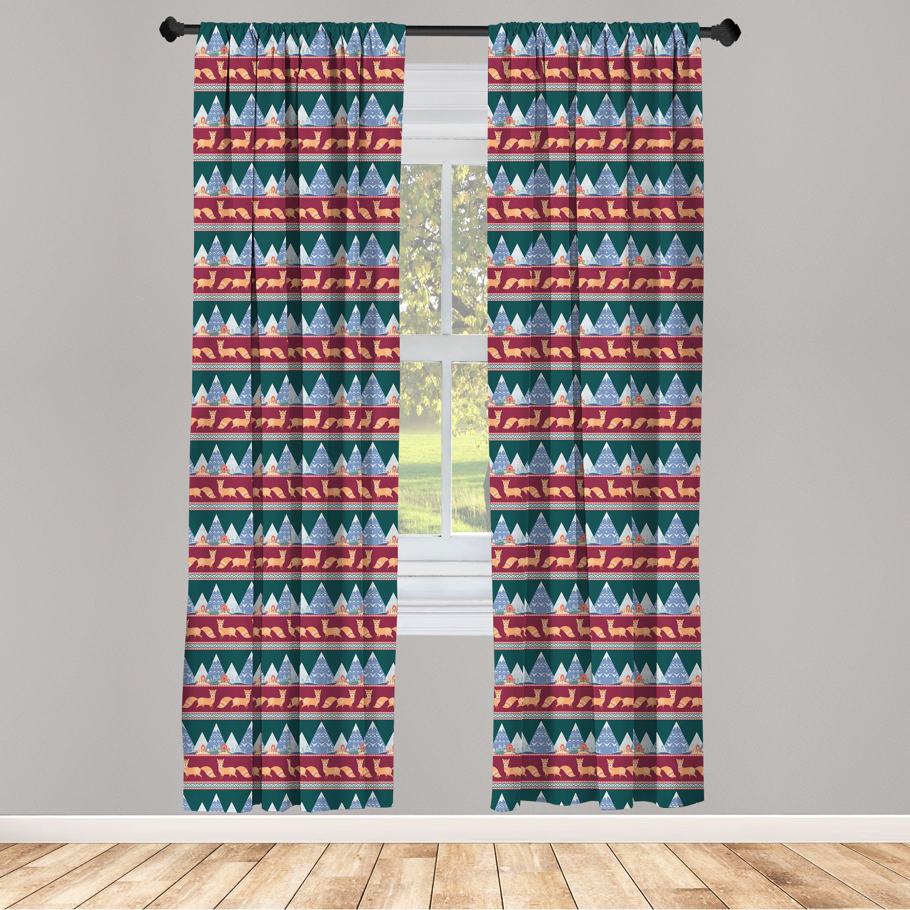 Gardine Vorhang für Wohnzimmer Schlafzimmer Dekor, Abakuhaus, Microfaser, Ethnisch Berge Bäume Fox Patterns