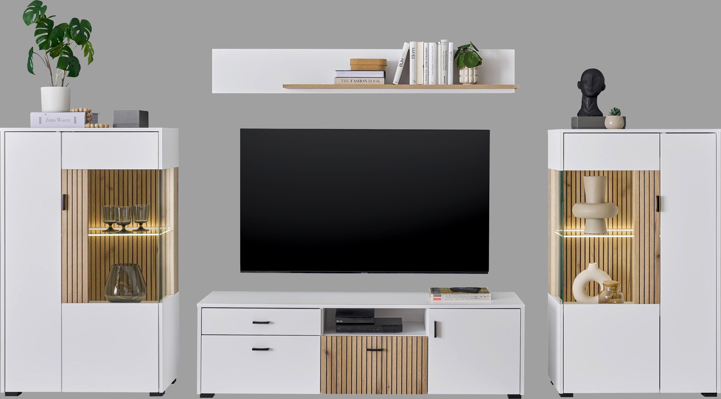 Home affaire Wohnwand Hudson, moderne Anbauwand, Wohnzimmer-Set, Komplettset, (Set, 4-St), mit moderner Rillenoptik, Griffe aus Metall (Schwarz), Breite 320 cm