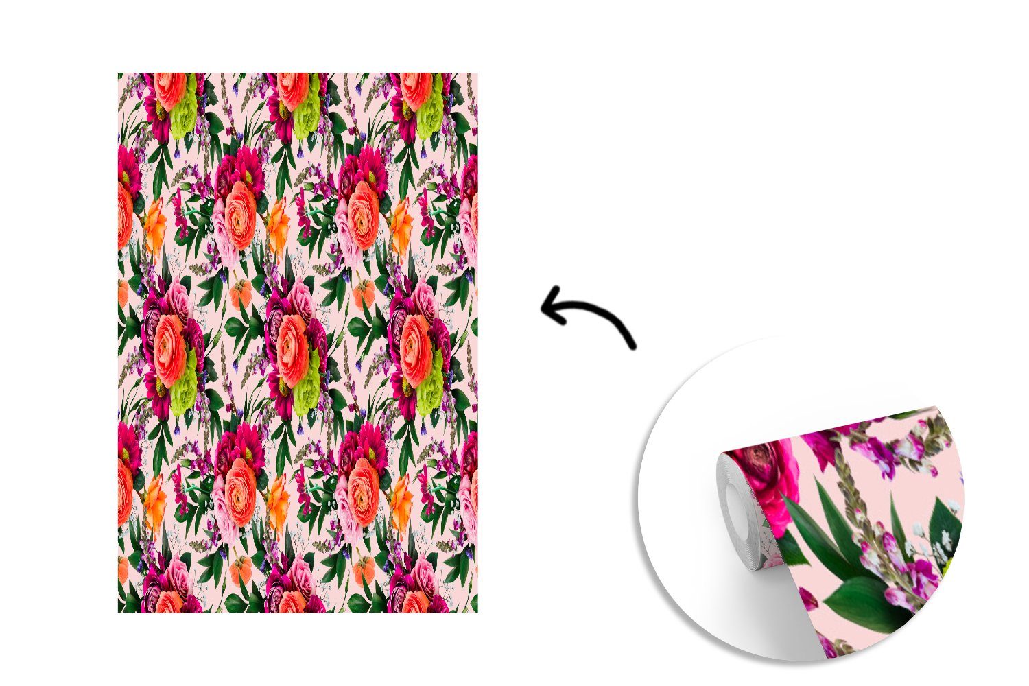 MuchoWow Fototapete Blumen - Muster Tapete bedruckt, St), Wohnzimmer, Montagefertig für Farben, - (3 Wandtapete Vinyl Matt