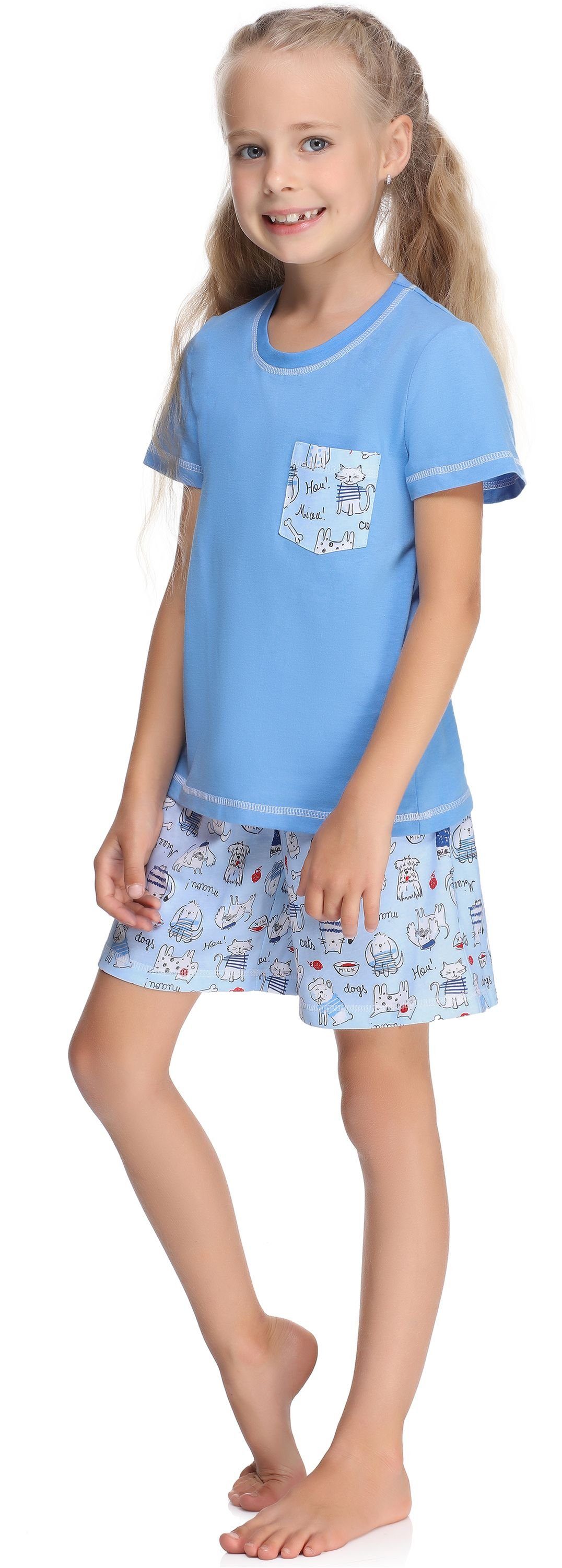 Merry Style Schlafanzug Mädchen Schlafanzüge Kurz Set Pyjama aus Baumwolle Blau/Hunde/Katze MS10-292