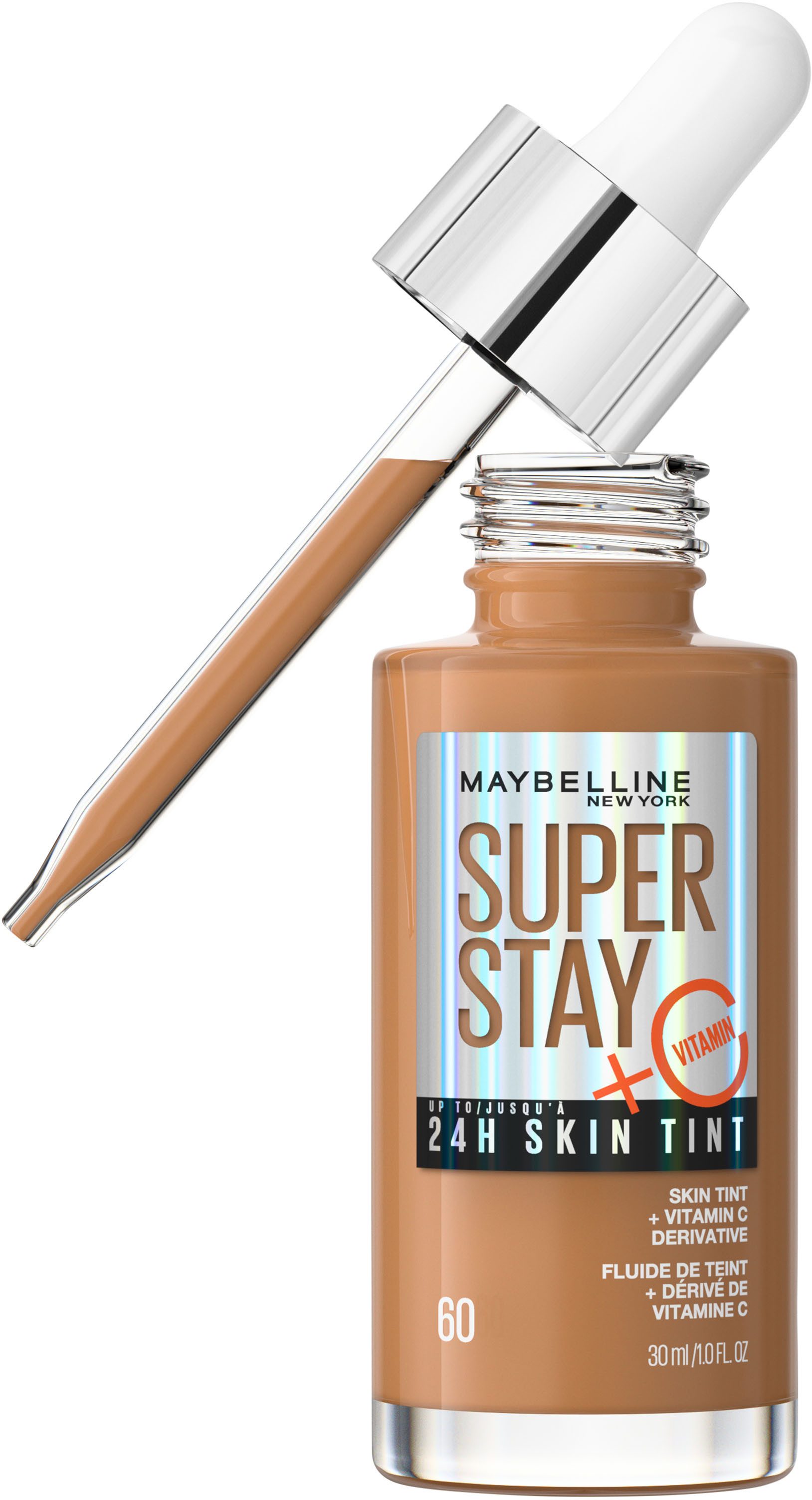 MAYBELLINE NEW YORK Foundation SUPER STAY 24H SKIN TINT MIT VITAMIN C, bietet dank hautähnlicher Pigmente eine leichte bis mittlere Deckkraft