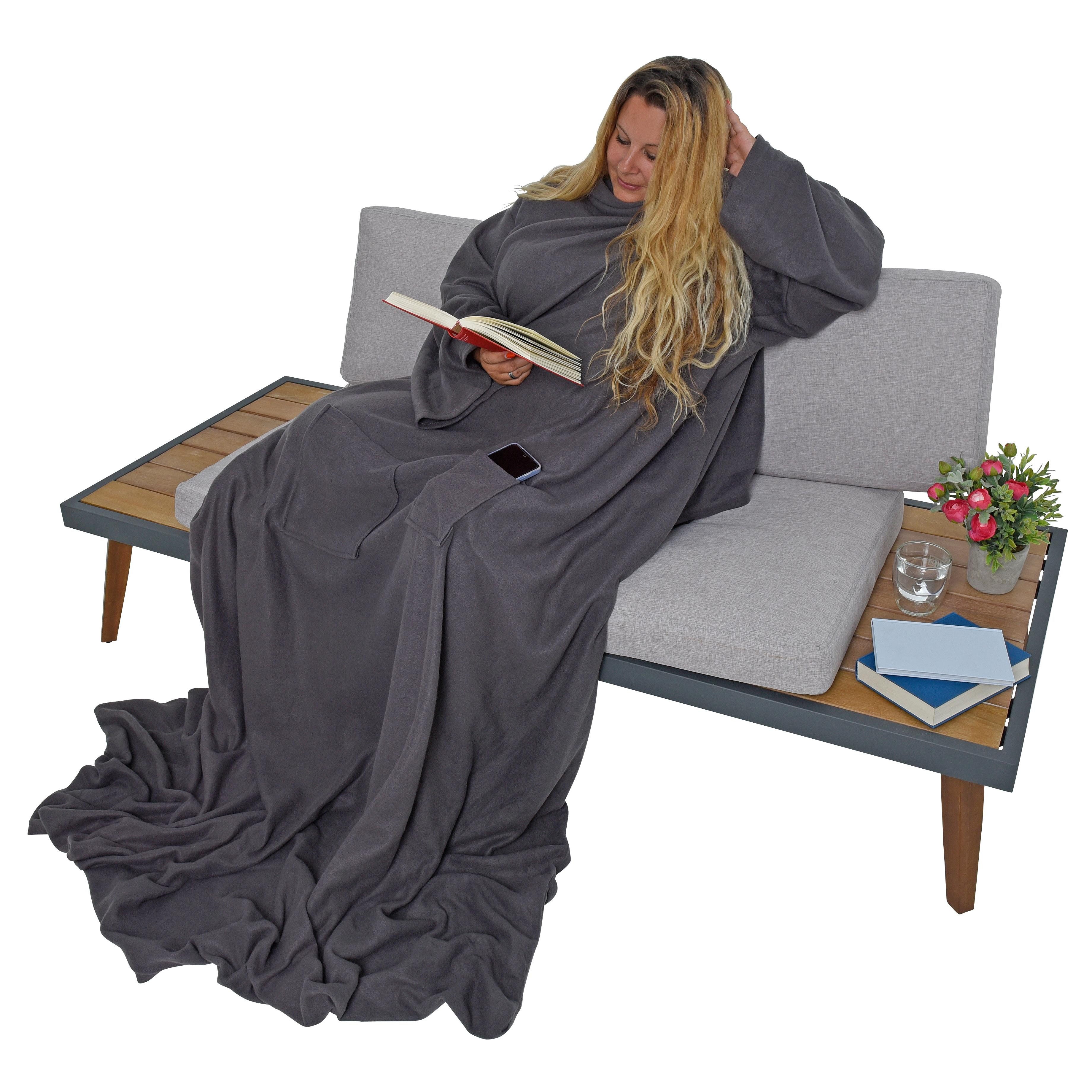 ESTEXO Tagesdecke Ärmeldecke Kuscheldecke XXL TV-Decke Wohndecke und Fuß- + Handytasch