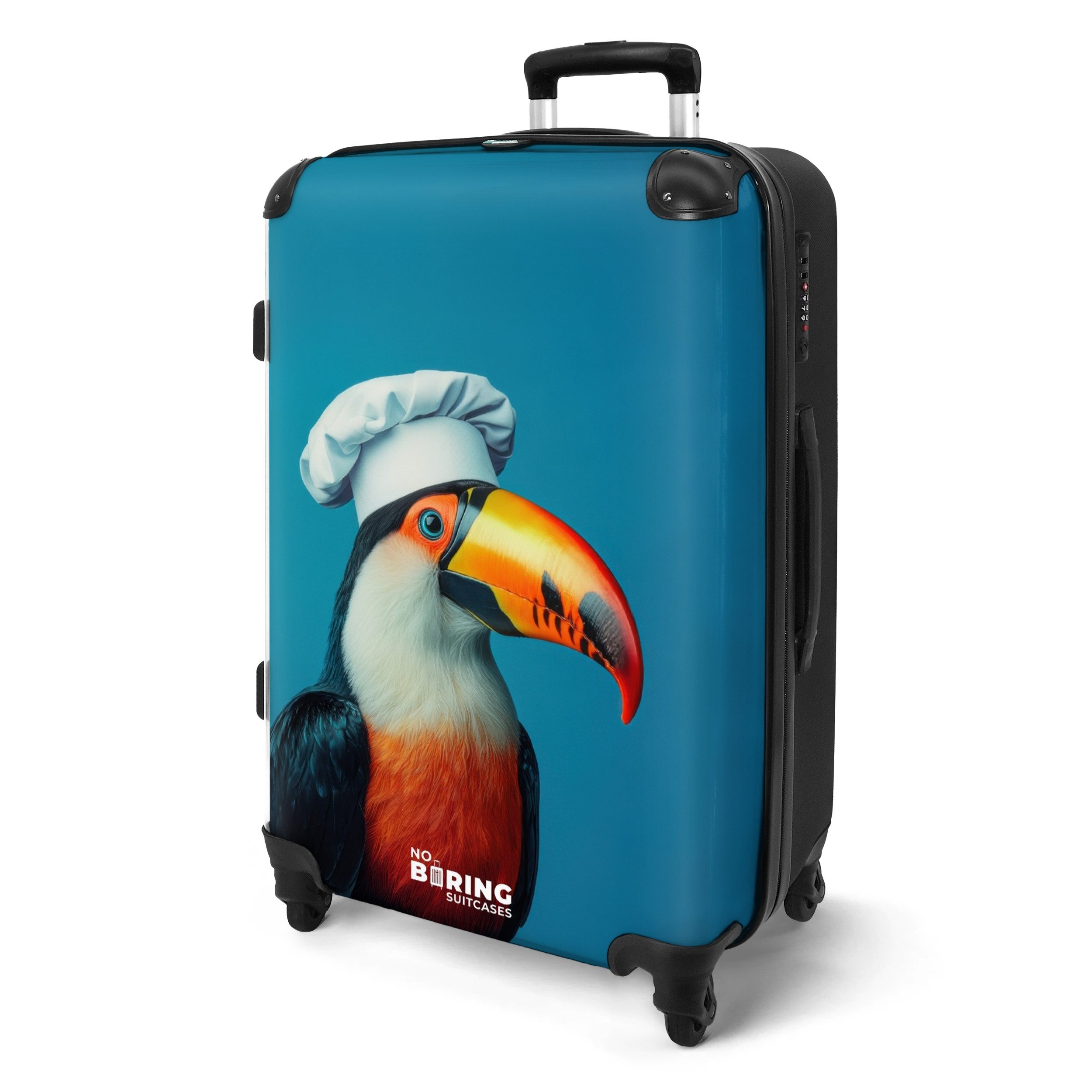 NoBoringSuitcases.com© Hartschalen-Trolley Tukan mit Kochmütze auf günstig online kaufen